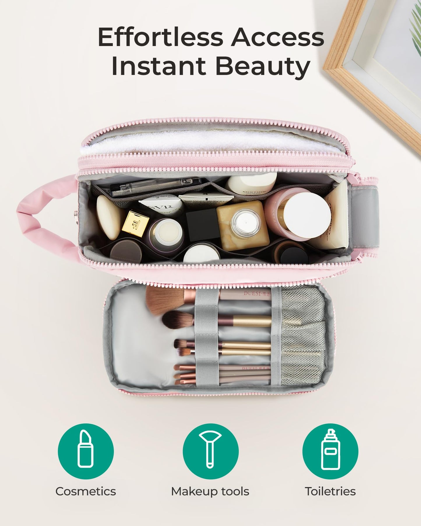 BAGSMART Travel Makeup Bag Organizer, Puffy Make Up Bag, Cosmetic Organizer Case for Travel Essentials Toiletries Accessories Bottles, Brushes (Pink)