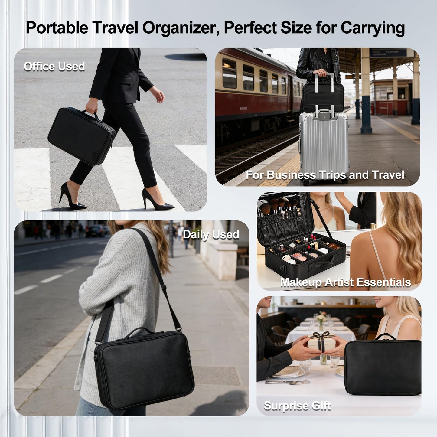 Professional Makeup Train Case with Brush Holder, Large Makeup Travel Bag Organizer, Portable Cosmetic Carry Case 3 Layer Makeup Artist Storage Box with Adjustable Dividers and Shoulder Strap, Black