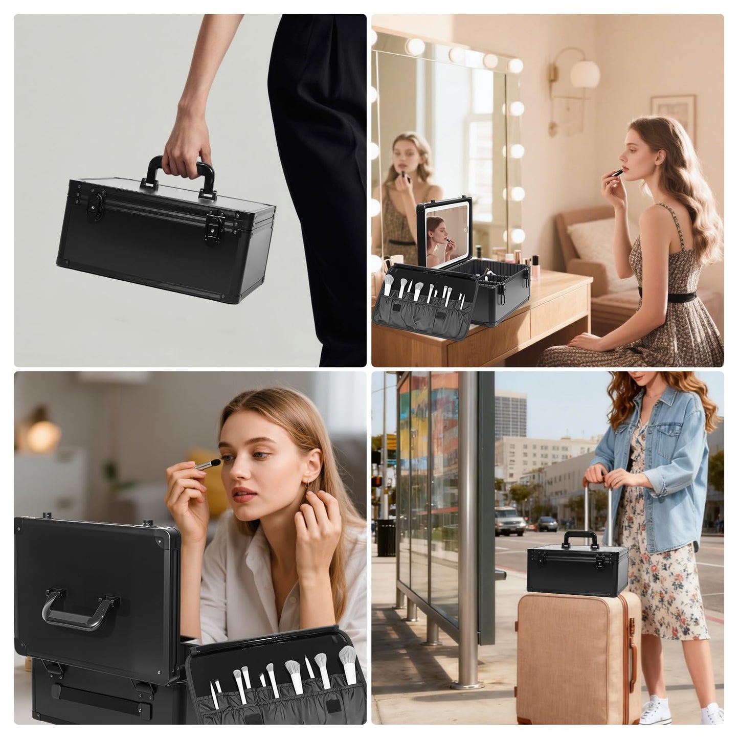 CHENGLIN Makeup Extra Large 15 inches Case with Lighted Mirror – Cosmetic Organizer with Adjustable Dividers, Magnetic LED Mirror, Portable Makeup Suitcase for Women, Black
