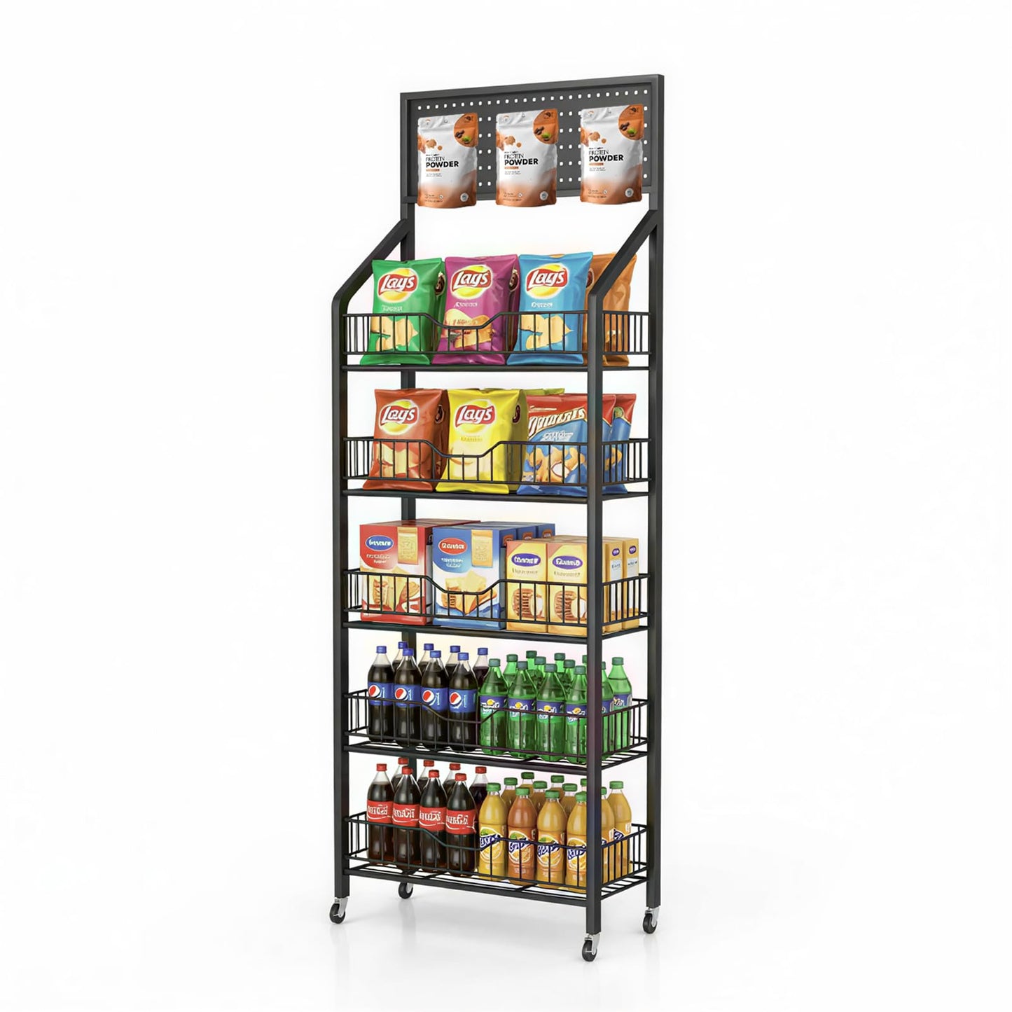 XNKLMYT 5 Tier Retail Display Racks, Large Capacity Snack Rack Display Stand, Pegboard Snack Shelf with 15 Hooks and 4 Wheels for Supermarket Kitchen Office Store Display, Black (1)
