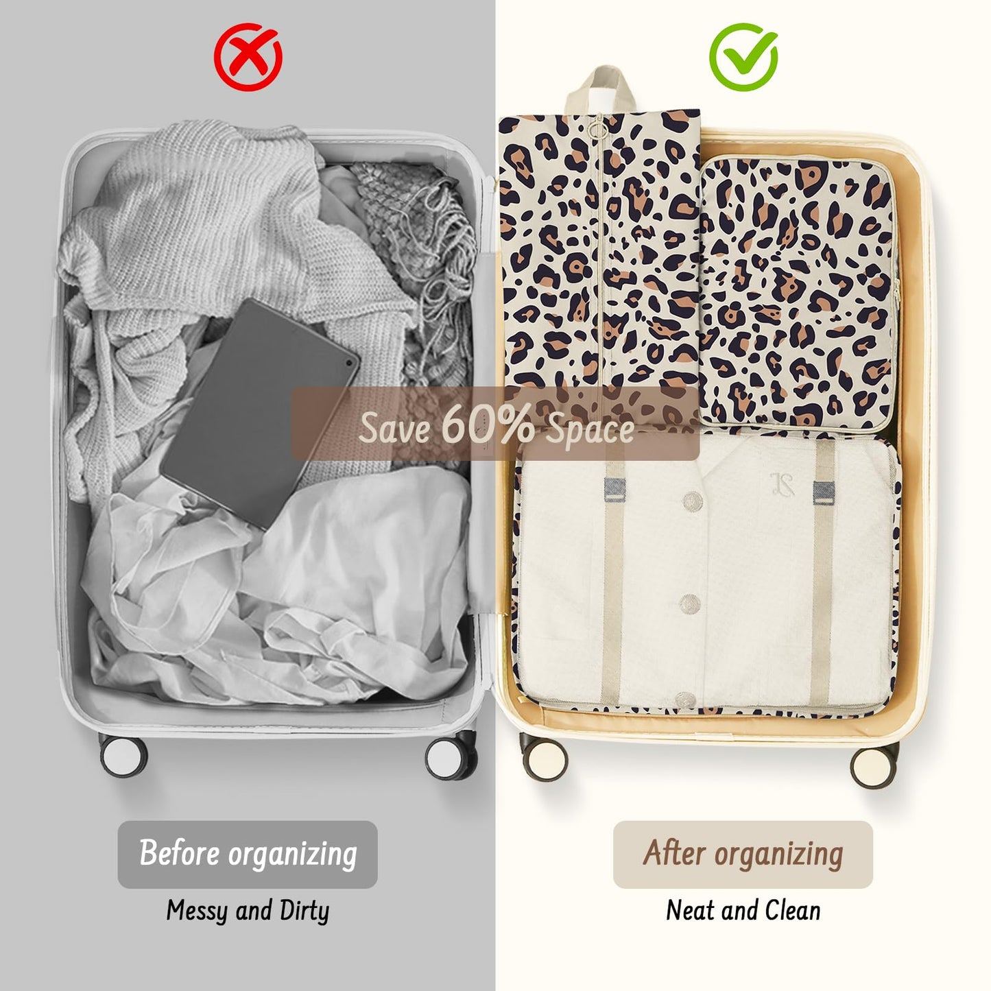 Woobolsalike 9 Set Packing Cubes for Travel Essentials - Lightweight Carry-On Luggage Organizer Bags with Shoe, Clothes & Laundry Bags for Airplane, Family & Business Travel, Leopard print