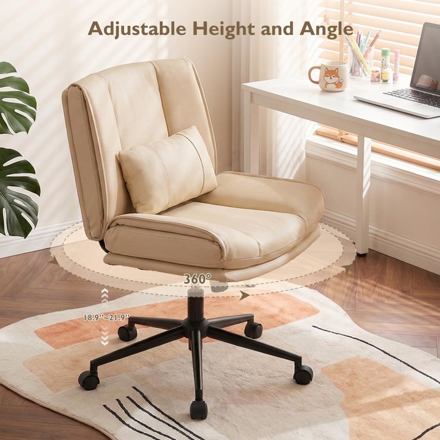 BIAOZHIKE Armless Criss Cross Office Chair with Wheels,PU Leather Beige