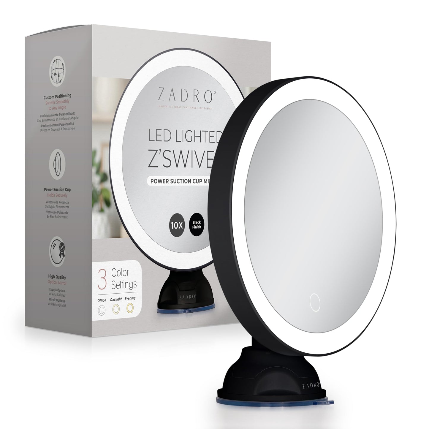 Zadro Zado 8.25-Inch x 6.9-Inch Round LED Lighted Wall Mounted Suction Cup Makeup Mirror with 10X Magnification and Touch Controls (Black)