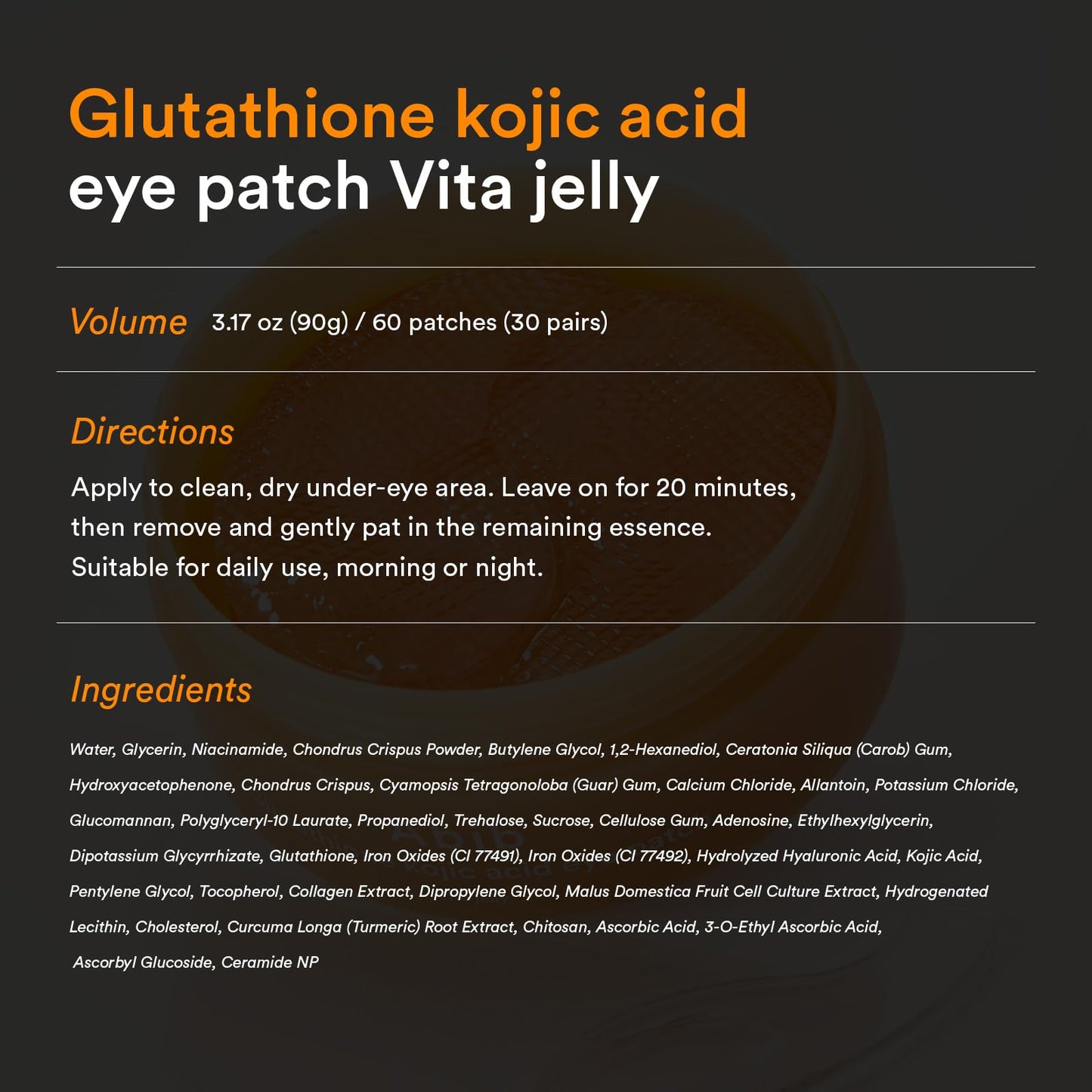 Abib Glutathione Kojic Acid Eye Patches for Radiance Dark Circles & Dark Spots, with Tone-up Jelly, 60 Count, Korean Skin Care