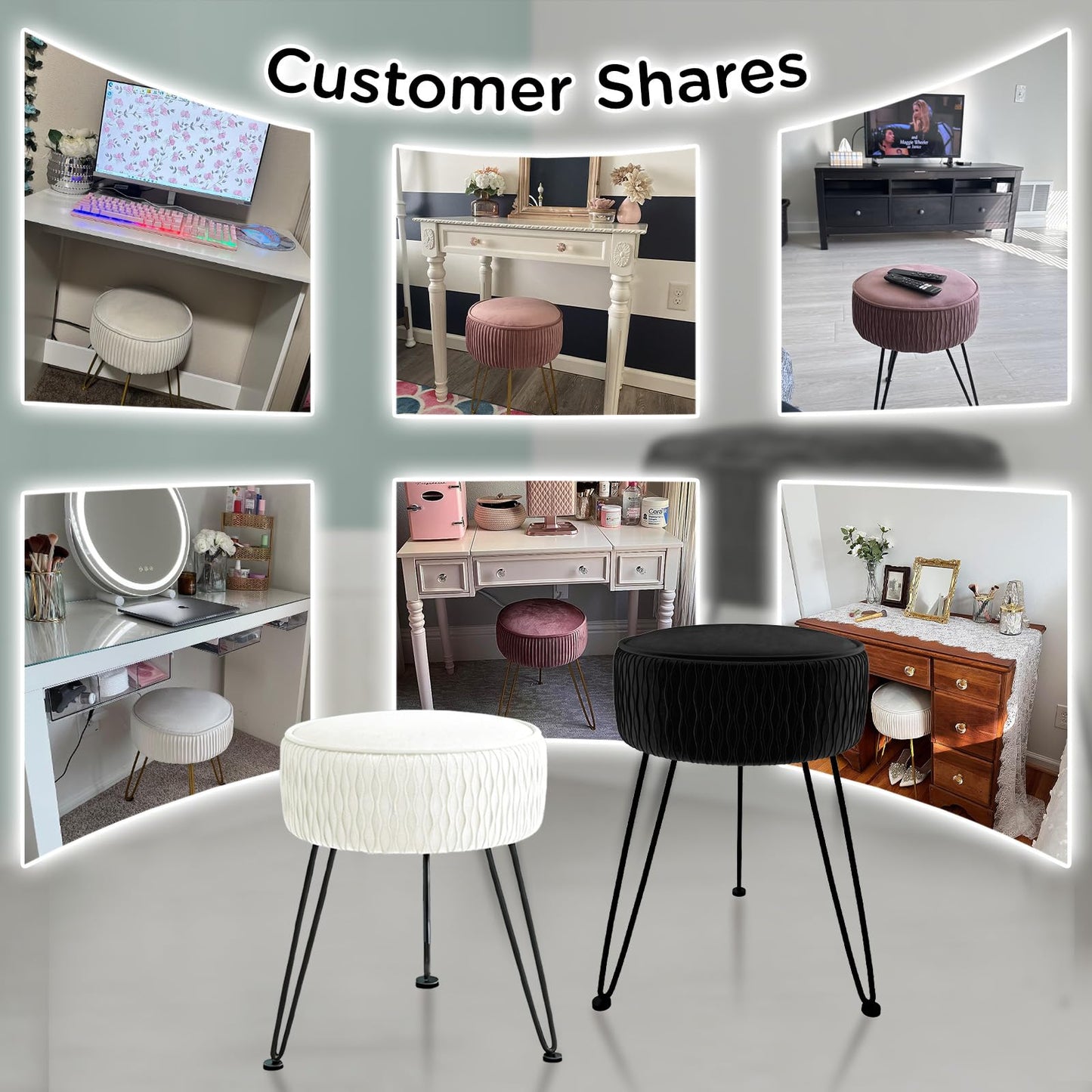 MOOWIND Velvet Vanity Stool Footrests, Round Ottoman Vanity Chairs with Anti-Slip Feet, Dressing Table Seat Foot Stool with Black Legs, Furry Padded Seat Side Table for Makeup Bedroom, Black