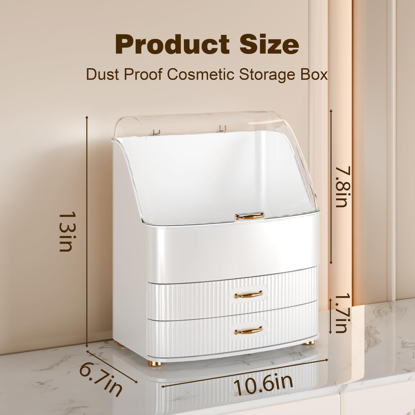 Plukers Makeup Organizer Countertop Vanity with Transparent Lid Drawers Waterproof Dustproof Cosmetic Skincare Bathroom Storage Gift for Women Teens Girls (White)
