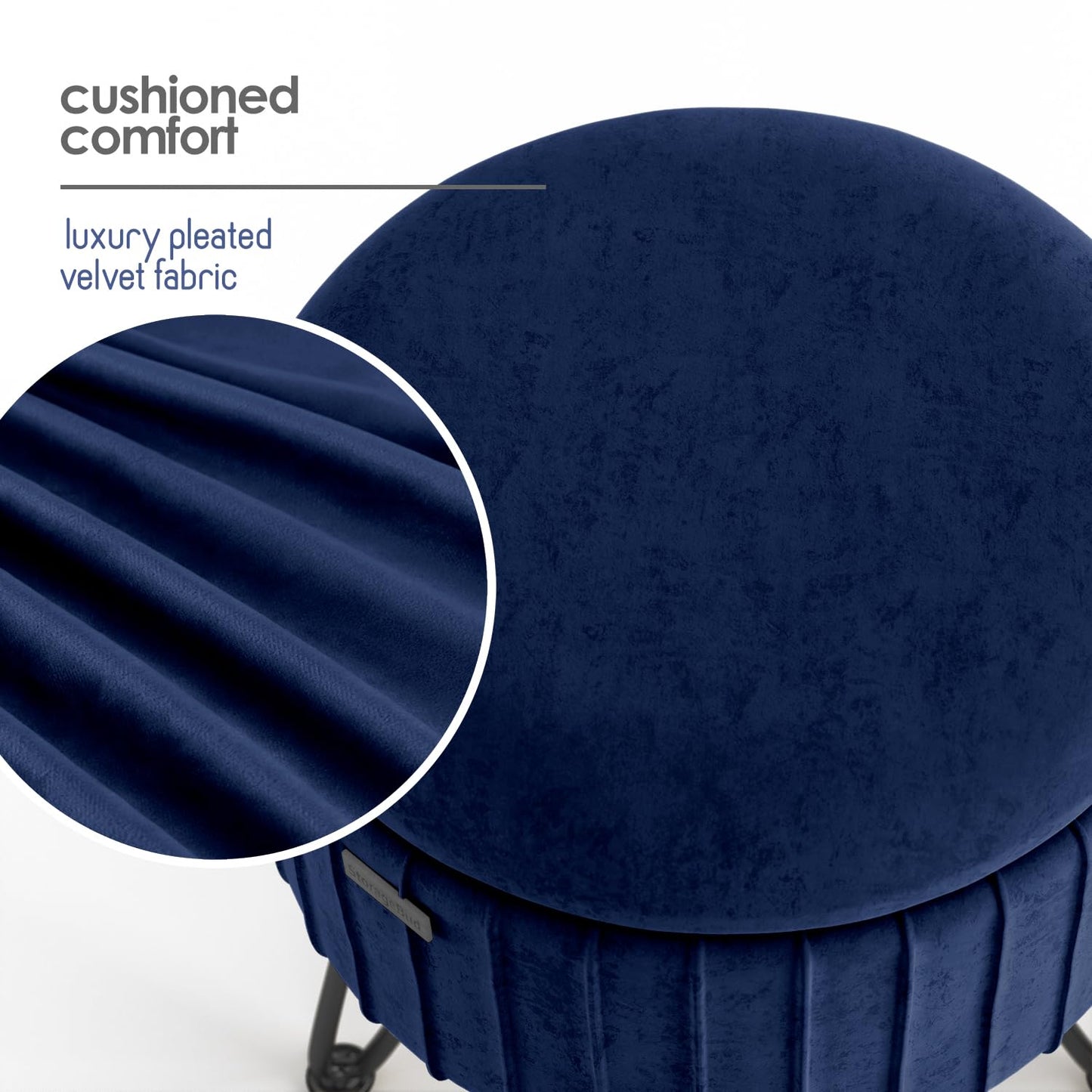 STORAGEBUD Round Ottoman with Storage, Pleated Velvet Storage Ottoman, Foot Stool Ottomans, Makeup Vanity Stool, Small Ottomans Foot Rest, Modern Vanity Stools for Living Room and Bedroom, Blue