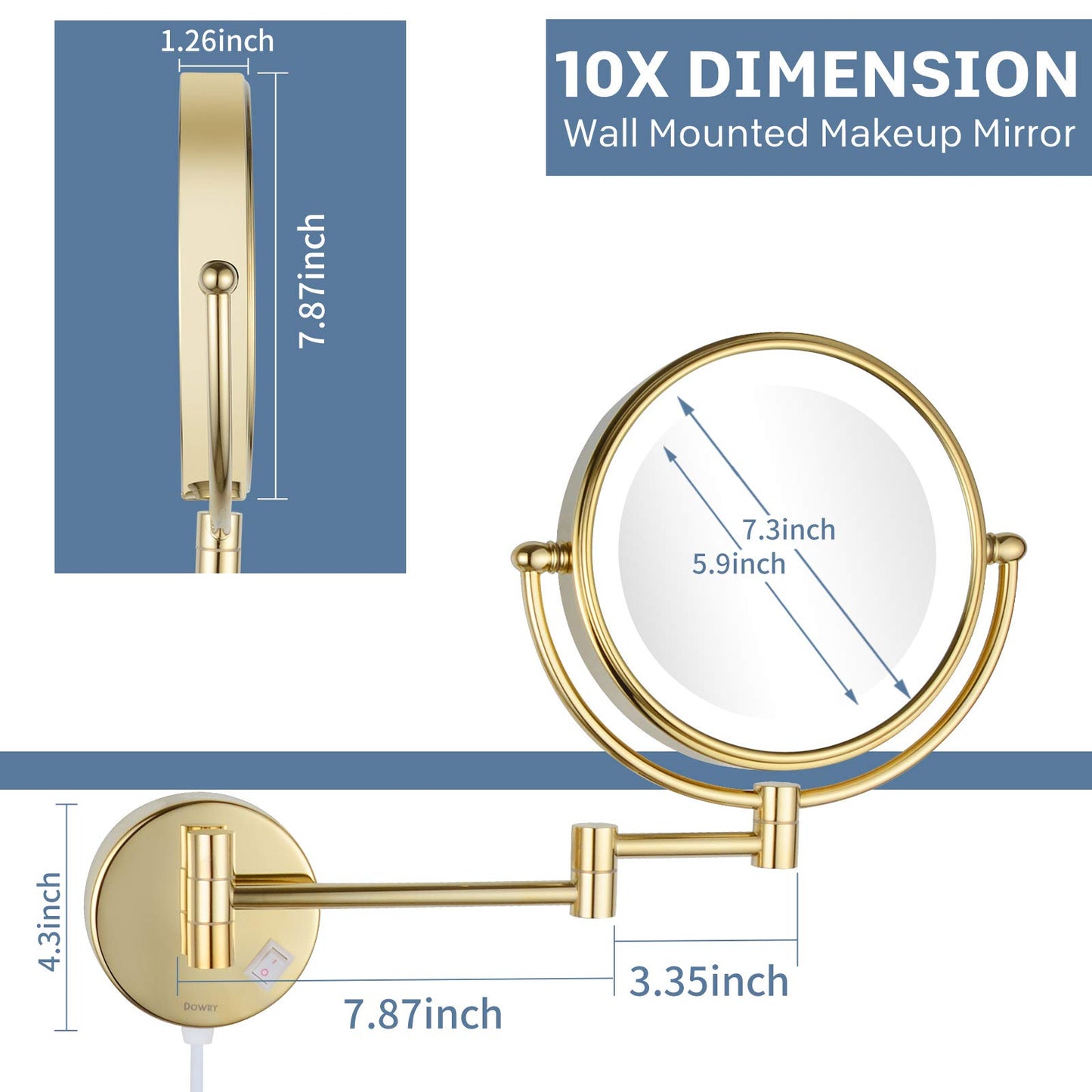 DOWRY 8 Inch Wall Mounted Vanity Makeup Mirror with LED Lighted,360 Swivel Double-Sided 10X Magnification Mirror for Bathroom/Bedroom/Hotel,Gold Finish