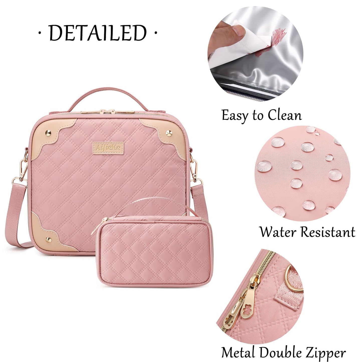 AIJIEKE Large Travel Makeup Bag with Compartments, Waterproof Cosmetic Case Organizer for Women, Portable Train Case Makeup Box with Removable Dividers, Shoulder Strap & Small Toiletry Bag, Pink