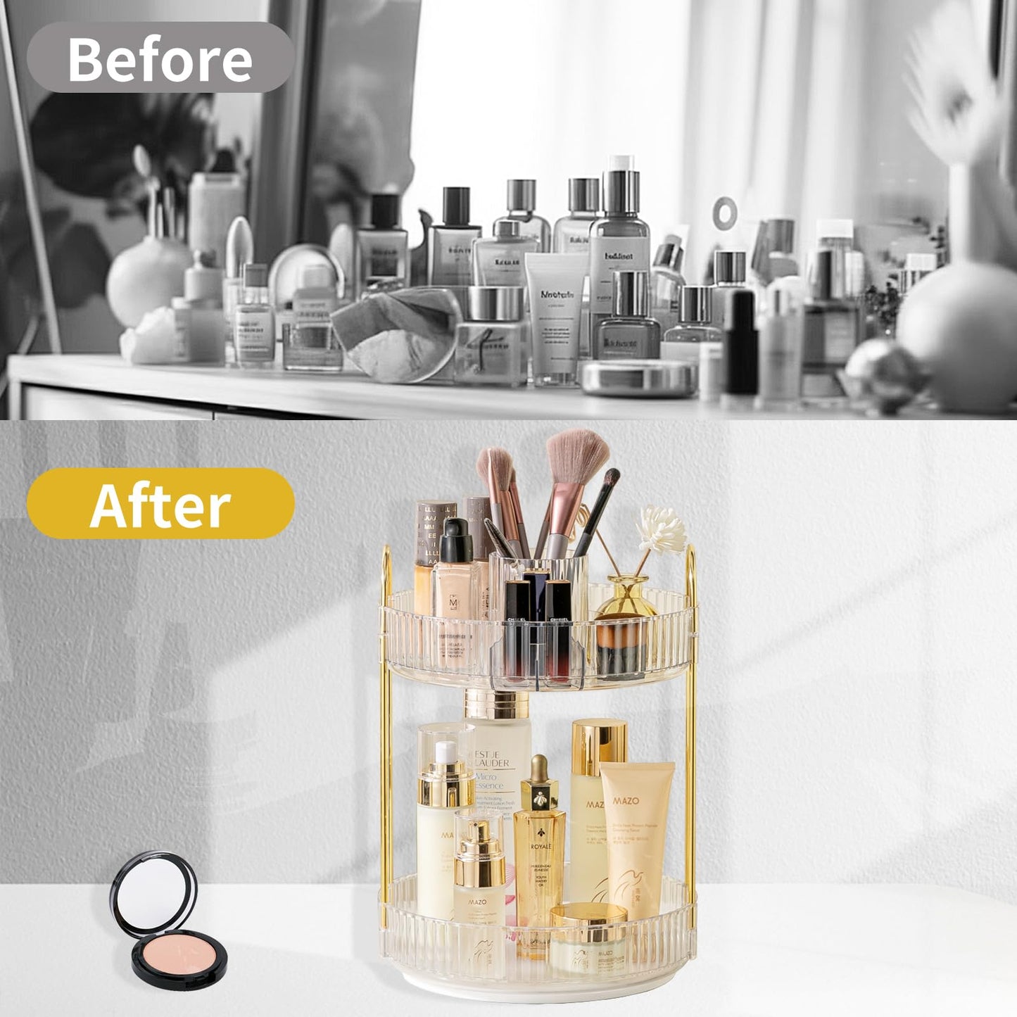 Asayuee 360 Rotating Makeup Organizer,2 Tier Large Capacity Make Up Organizers and Storage,Skincare Perfume Vanity Organizers,Bathroom Cosmetics Storage Organizer Countertop(Clear)