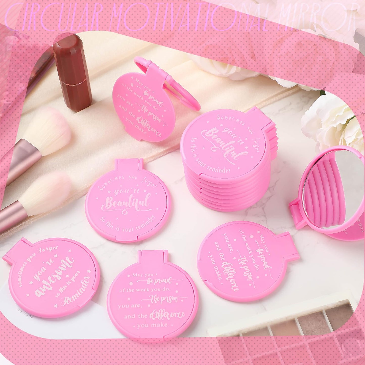 Wenqik 64 Pcs Inspirational Mini Compact Mirrors Bulk, Women Small Gifts Bulk, Group Team Party Favors, Mini Pocket Purse Mirror for Travel, Client, Guest, Wedding, Birthday, Cheerleader (Pink)