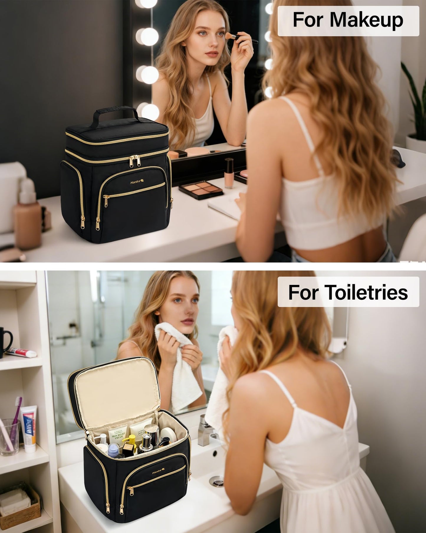 Hanke Large Toiletry Bag for Women Travel, Double Layer Organizer with Wide Opening for Full-Size Cosmetics & Toiletries, 12.2L Water-Resistant Makeup Bag,Black