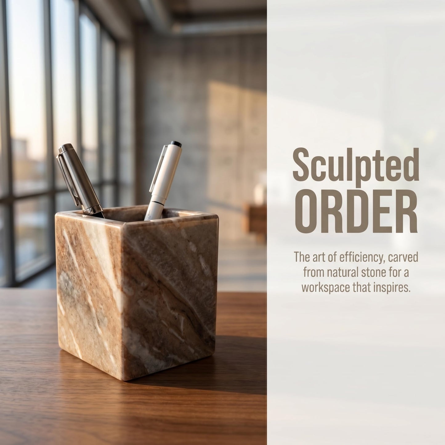 KEBTN Natural Marble Pen Holder, 2.95” x 3.74” Square Desk Organizer, Marble Toothbrush Holder, Makeup Brush Holder, Decorative Storage Cup for Office Vanity Bathroom Kitchen Countertop, Brown