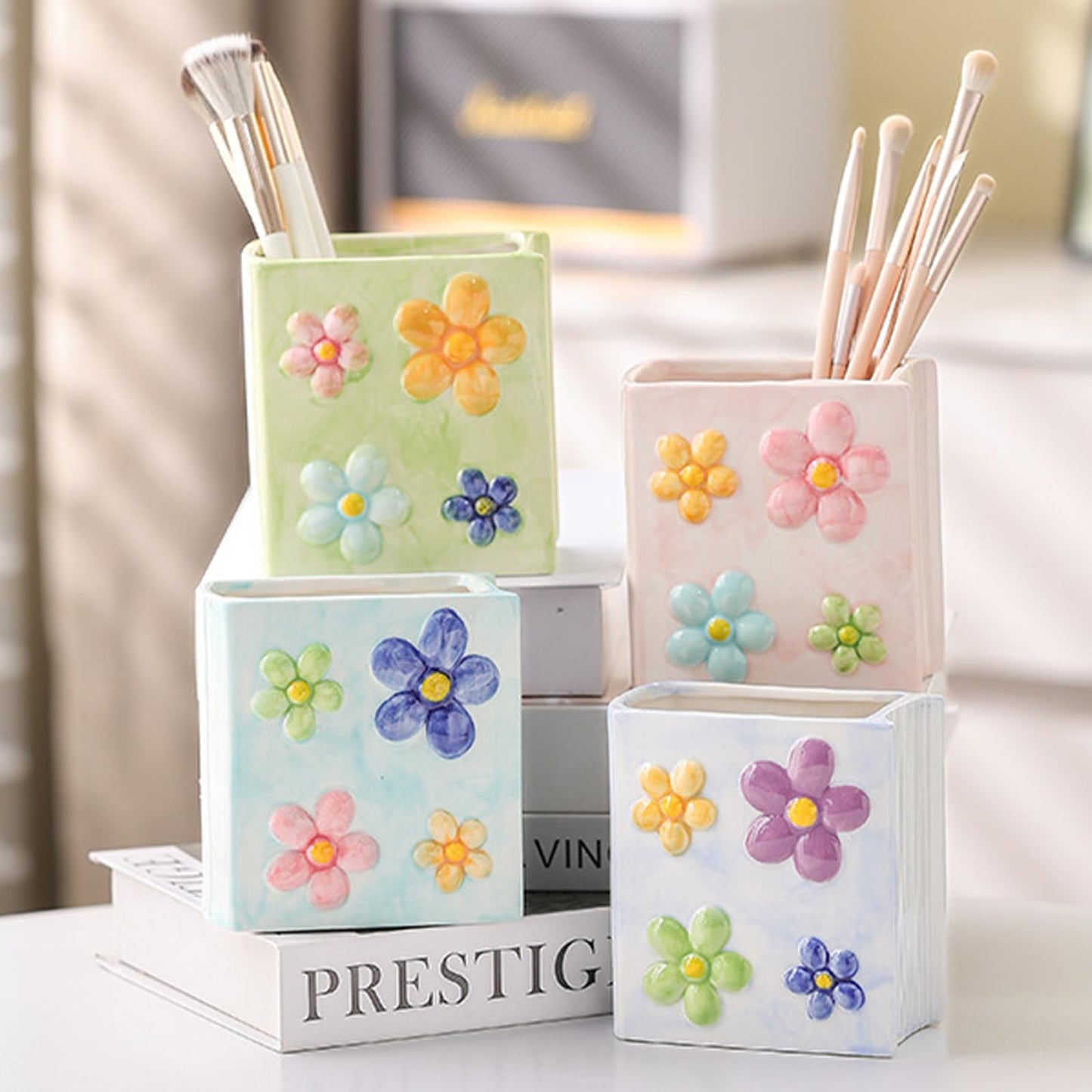 Busnos Book Vase Flower Pencil Cup Pen Holder For Office Desk Decorative Books Blue Flower Vase Cute Toothbrush Holders Home Decor Teacher Book Gifts for Women Small Makeup Brushes Holder
