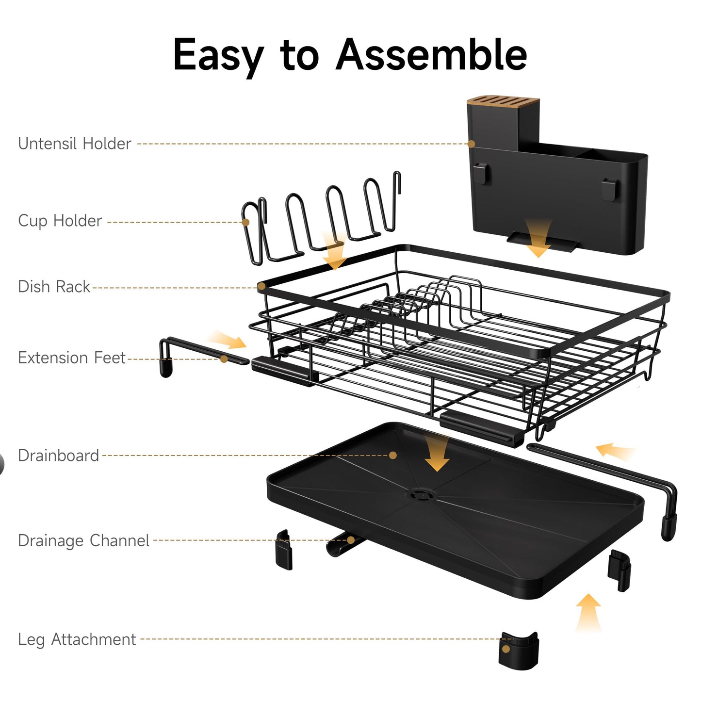 Runnatal Dish Drying Rack - Expandable Dish Rack, Large Drying Dish Drainer Over Sink with Drainboard, Utensil Holder & Cup Holder, Stainless Steel Dish Strainer for Kitchen Counter, Black