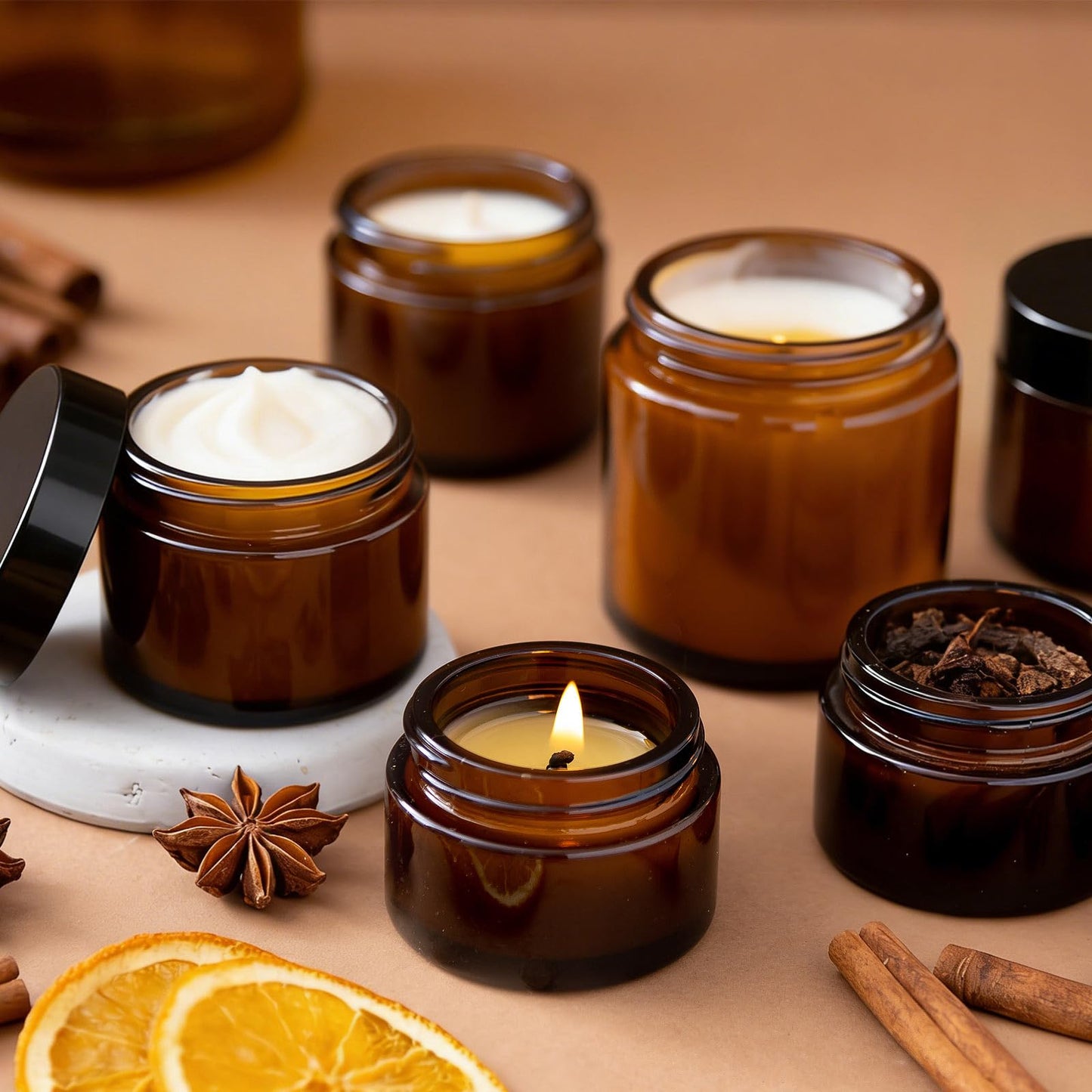 40 Pcs 2 oz Glass Jars with Lids, Amber Glass Jars with 40 Labels & 10 Spatulas, Inner Liners, LeakProof, UV-Protective,Round Glass Containers for Essential Oils, Spices, Candle Making,DIY