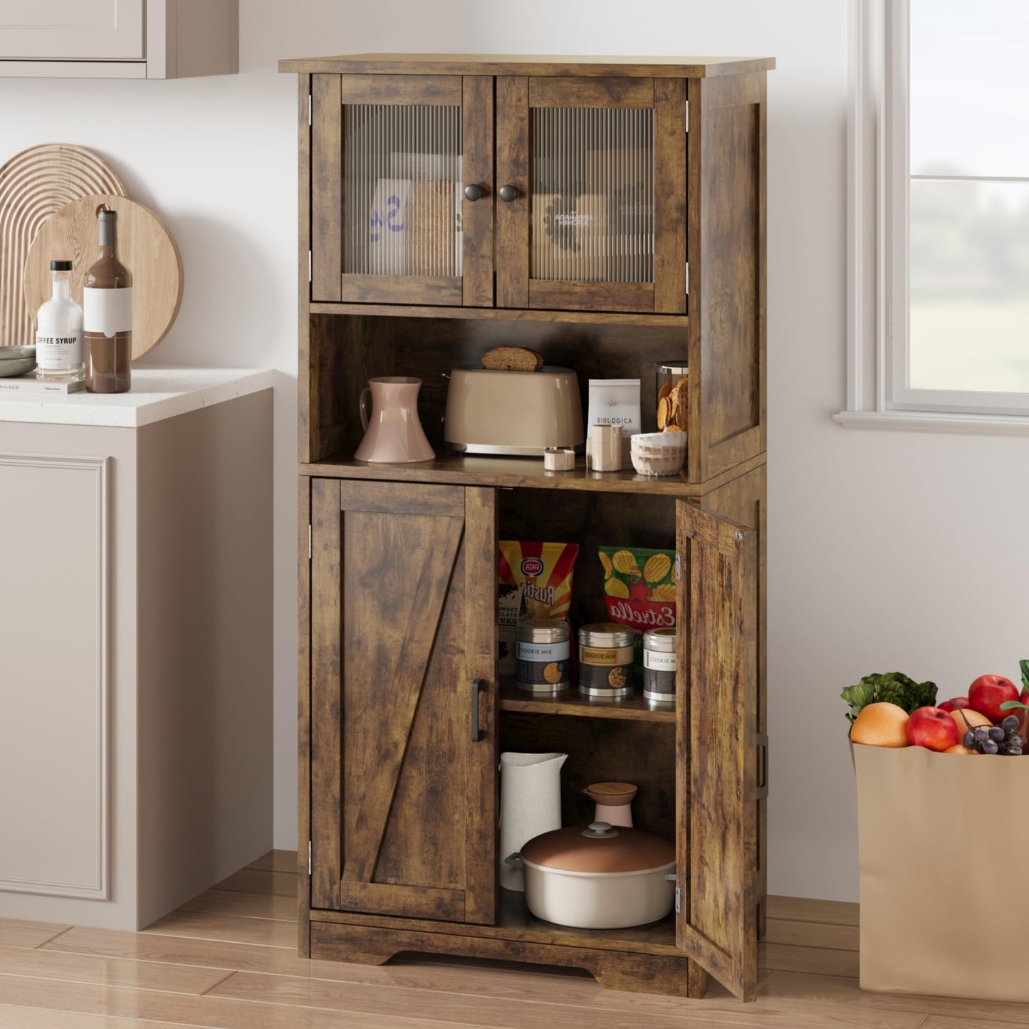 IDEALHOUSE 50" Tall Bathroom Cabinet, Freestanding Bathroom Storage Cabinet with 4 Doors and Adjustable Shelves, Cupboard Modern Storage Cabinet for Kitchen, Pantry, Living Room, Rustic Brown