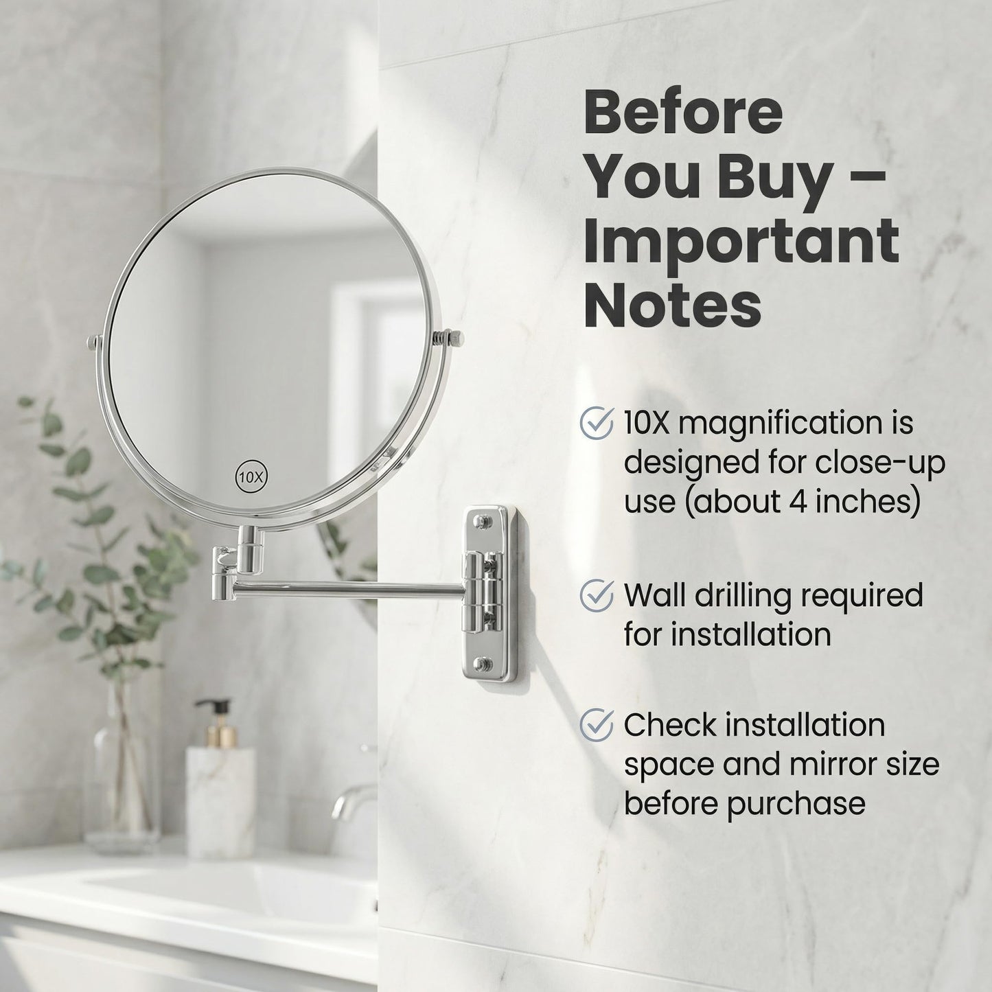 AumVum 8 inch Wall Mounted Makeup Mirror, 1X/10X Magnifying Double-Sided Wall Mount Shaving Mirror (Close-Up 10X) with Extendable Arm, 360° Swivel for Bathroom Vanity, Chrome (No Light)