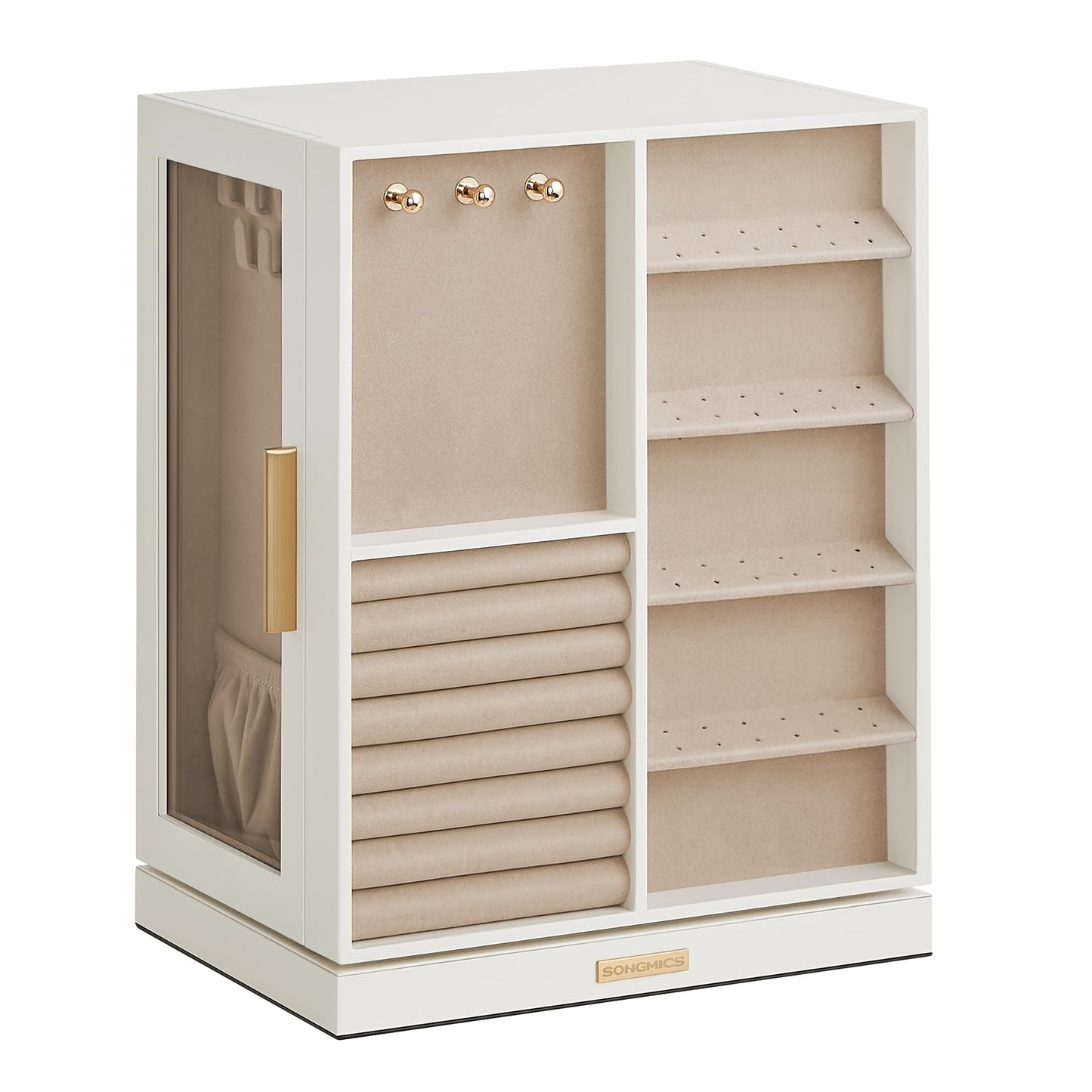 SONGMICS GISELLA Collection - Jewelry Box Organizer 360° Rotating, Vertical Jewelry Storage Case with 5 Drawers, Glass Window, Spacious, Open Design, Great Gift, Cloud White UJBC170W01