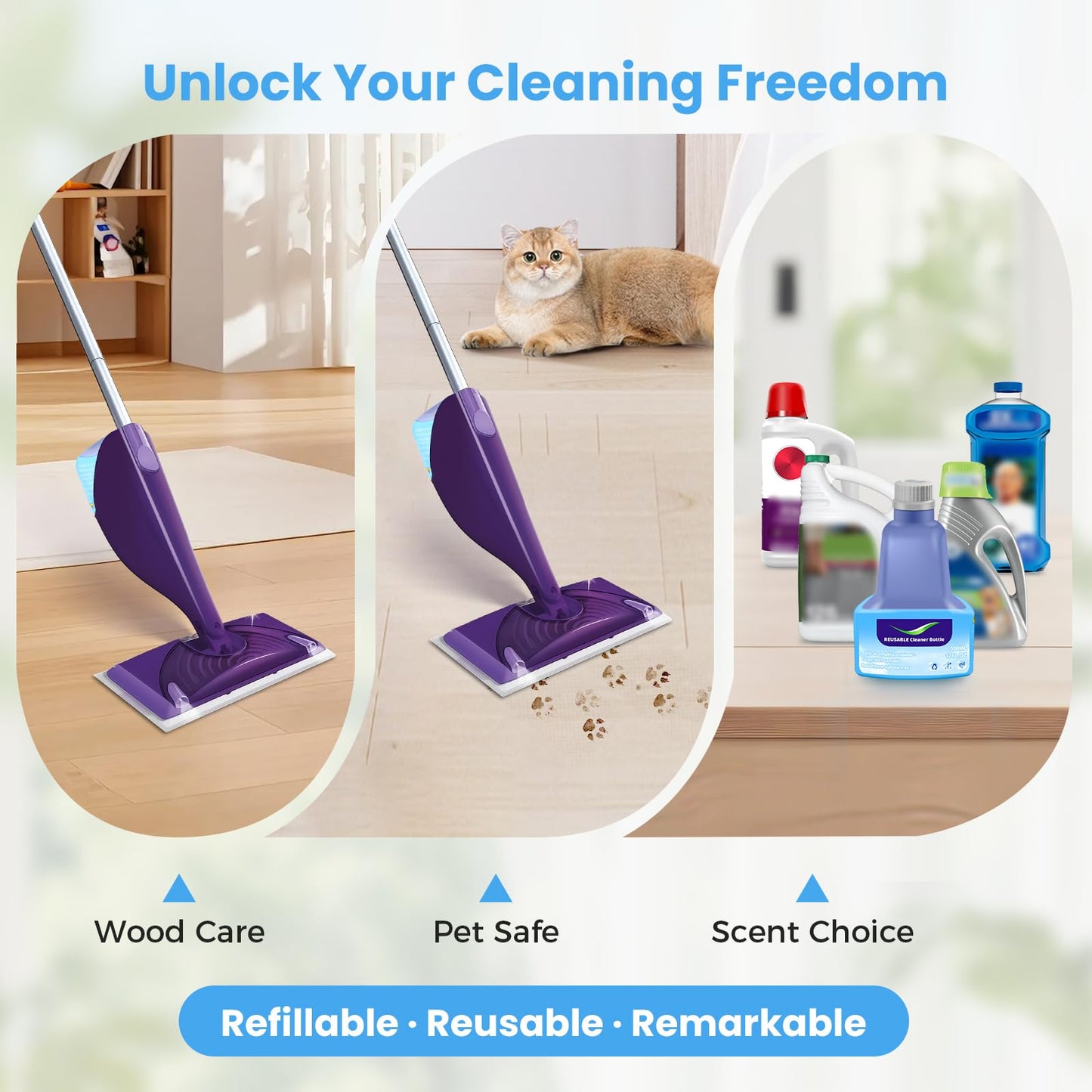 DrFlito Refillable Bottle for Swiffer® Wet Jet™ Mop – 500ml /17 FL OZ, Leak-Proof HDPE Solution Refill Bottle with 18 Silicone Gaskets & 1 Funnel,Easy Install for Use with Any Cleaning Solution