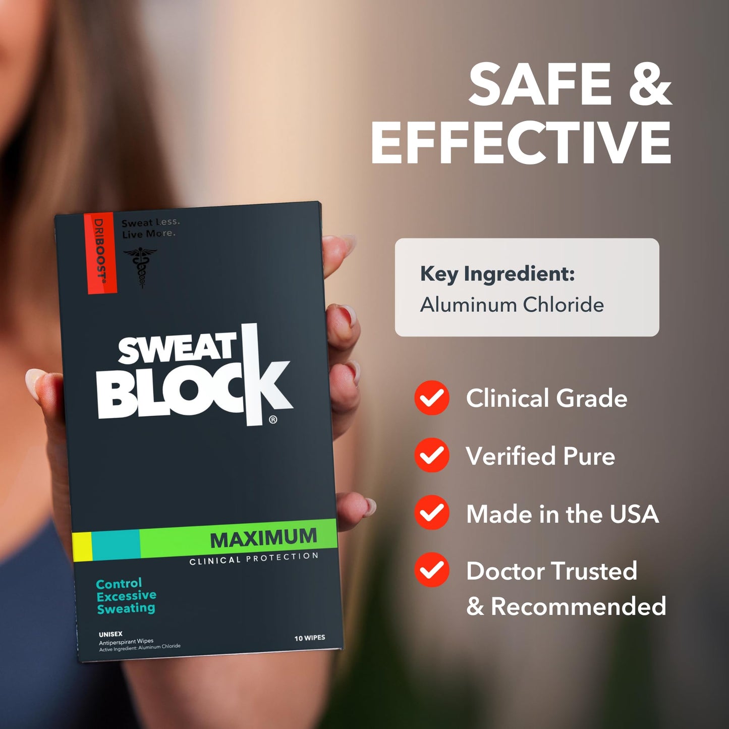 SweatBlock Maximum Strength Deodorant System for Women Hyperhidrosis Treatment for Excessive Underarm Sweat and Odor 10 Clinical Wipes Plus Coconut Vanilla Scented Deodorant Stick 2.7 oz