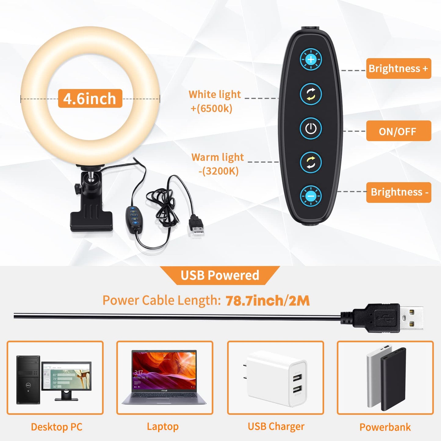 Video Conference Lighting Kit, Ring Light Clip on Laptop Monitor with 5 Dimmable Color & 5 Brightness Level for Webcam Lighting/Zoom Lighting/Remote Working/Self Broadcasting and Live Streaming, etc.