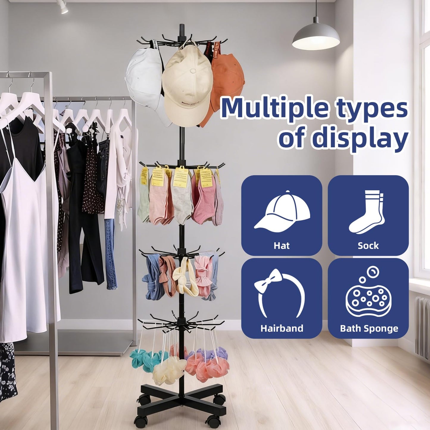 RCZSCBK 7-Tier Rotating Display Rack, 360° Heavy-Duty Spinning Merchandiser for Retail Stores & Showrooms, Movable Floor Gondola for Clothing, Shoes & Accessories