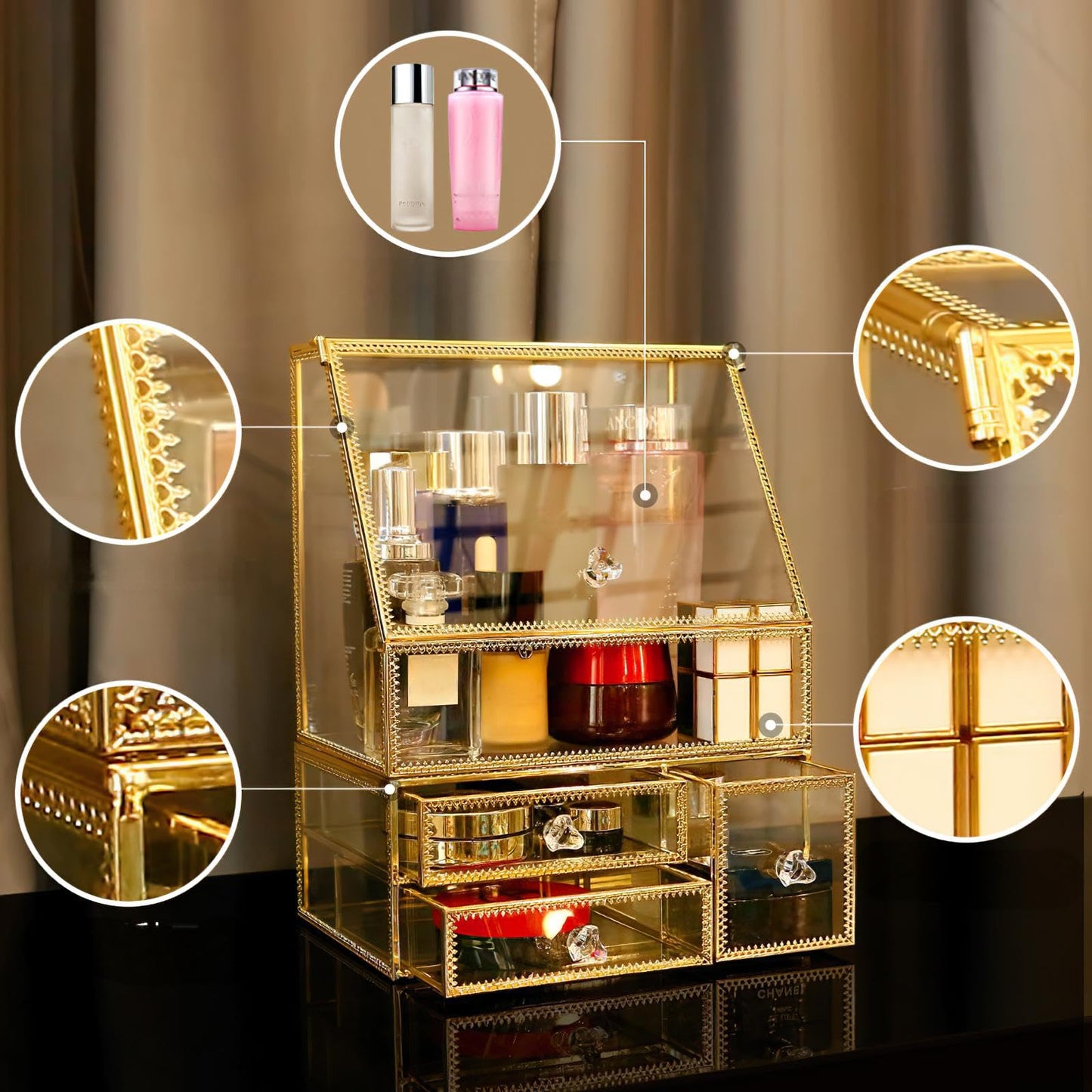 UShioart Large Glass Makeup Organizer Drawer Set Beauty Storage Bathroom Counter Organizer Cosmetic Display with Pearl (16in)