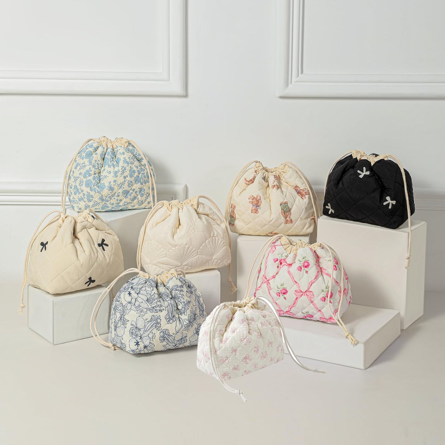 Cotton Quilted Drawstring Makeup Bag with Canvas Lining,Coquette Aesthetic Cute Travel Toiletry Bag,Drawstring Gift Bag for Women and Girls(12White Small Bow)