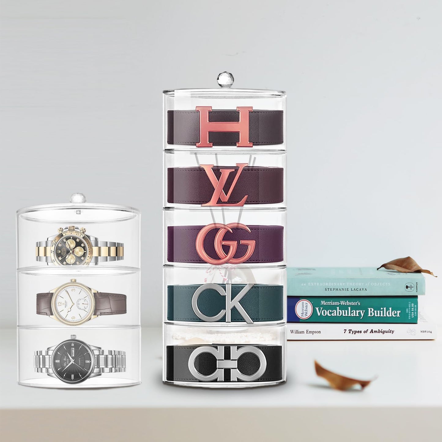 QTLCOHD 5 Layer Acrylic Belt Organizer, Clear Stackable Storage Box for Closet, Drawer, Belts, Watches, Jewelry and Accessories