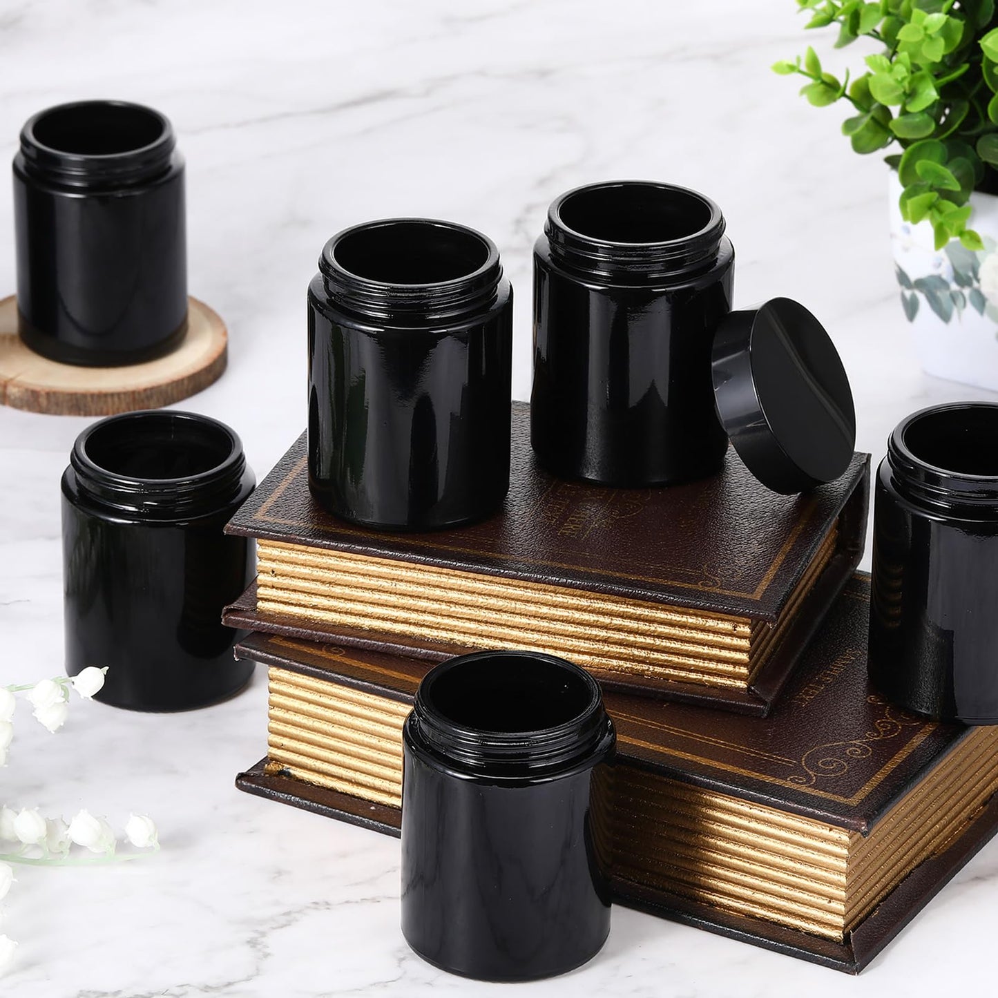 Domensi 24 Pcs Bulk 6oz Glass Jars with Lids Leakproof Round Airtight Empty Cosmetic Jars with Inner Liners Lid for Storing Lotions Spices Ointments Food Storage (Black)