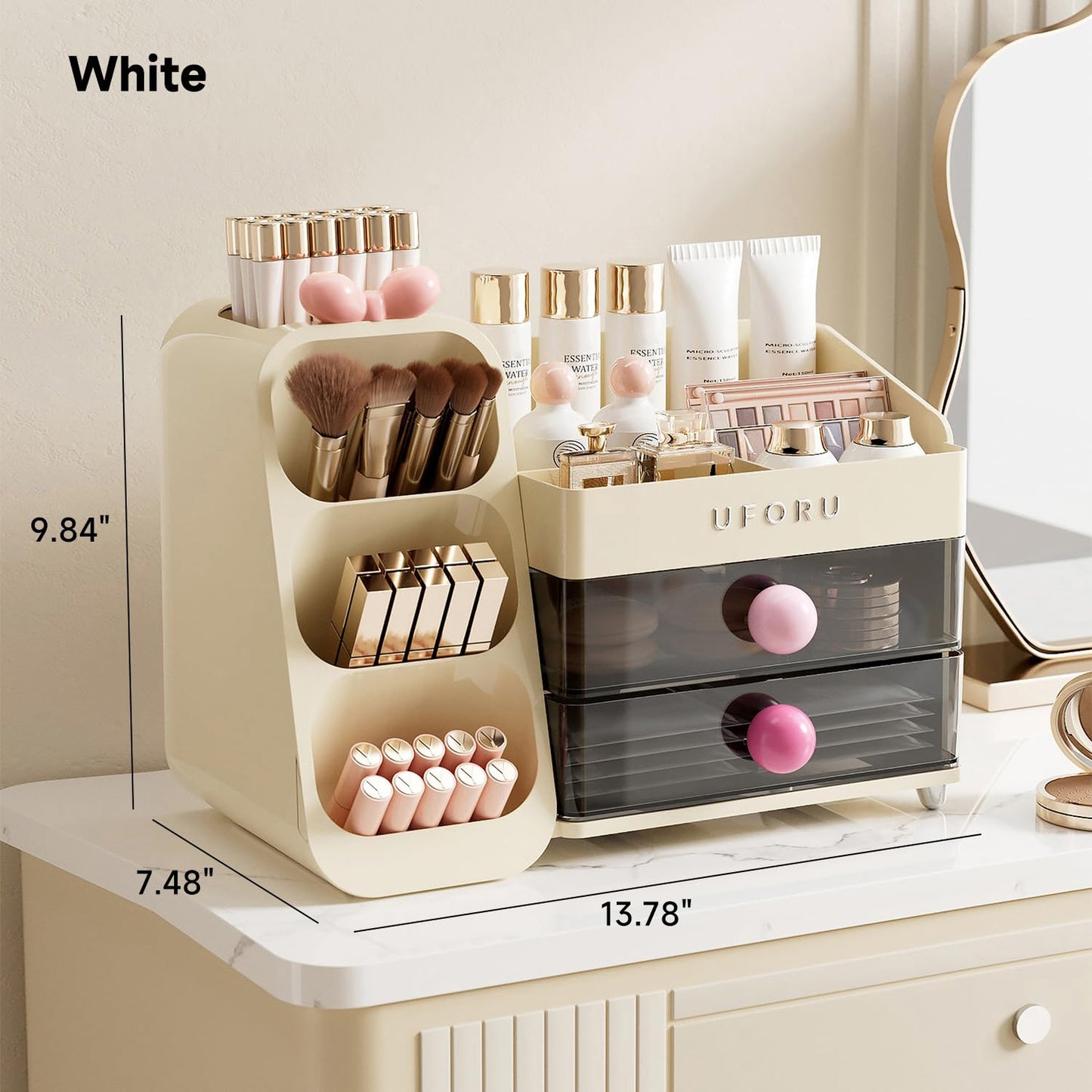 UFORU Makeup Organizer for Vanity with Brush Holder, Large Capacity Bathroom Countertop Skincare Organizer with 2 Drawers, Cosmetic Display Case for Perfumes, Eyeshadow Palettes, Nail Polishes