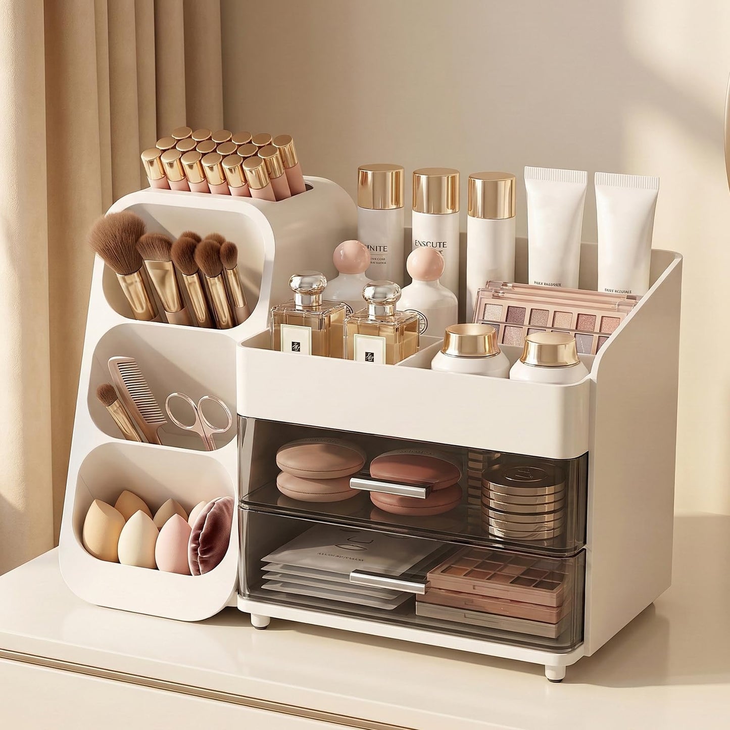 VegStow Makeup Organizer with Drawers & Brush Holder for Vanity - Organize Cosmetics Bathroom Countertop Storage Skin care Essentials Dresser, Bathroom, Office Countertop (White)