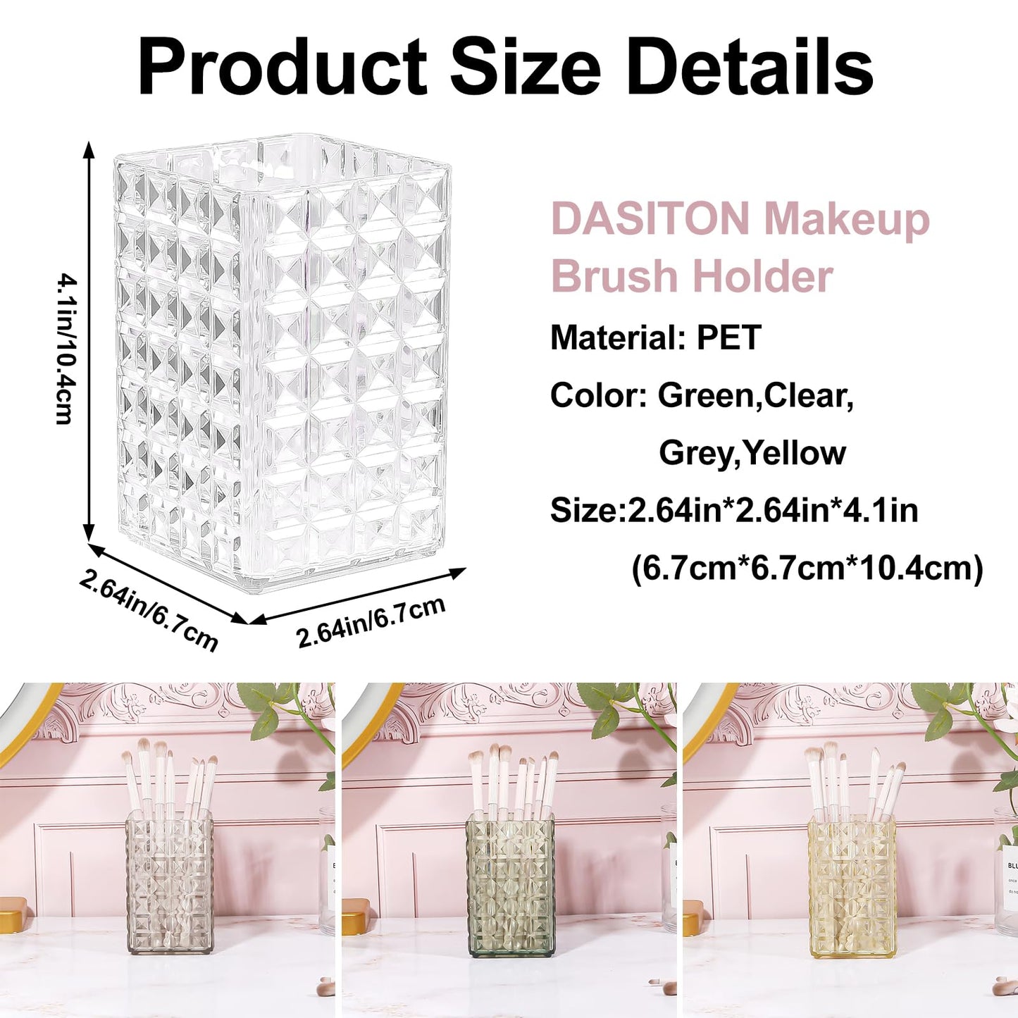 DASITON Makeup Brush Holder Organizer, Acrylic Makeup Brush Cup, Diamond Striped Make Up Brush Holder for Vanity, Bathroom Countertop, Toothbrush Holders, Pen Holder for Desk Storage (Clear)