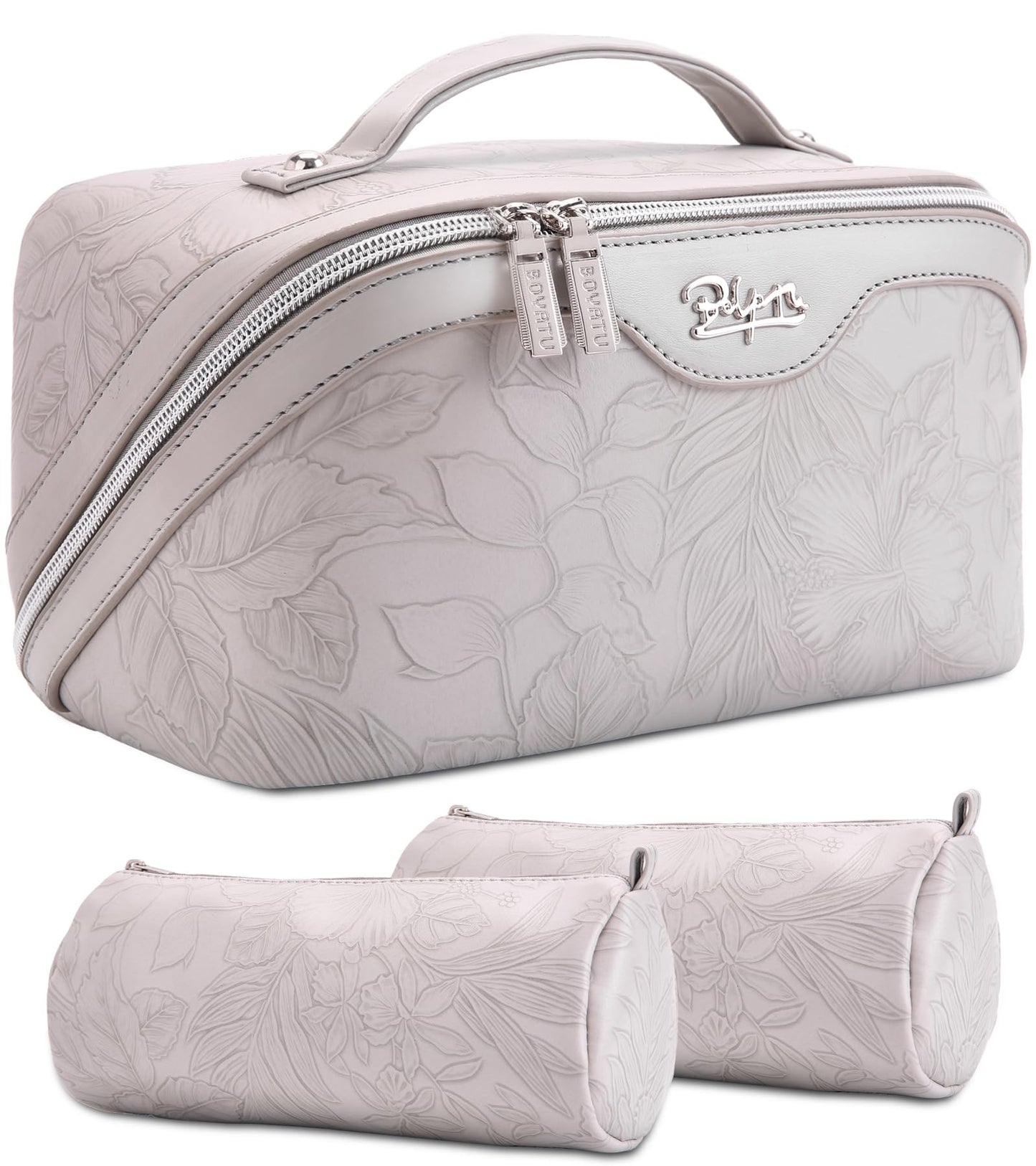 BOYATU Travel Makeup Bags Cosmetic Organizer Bag: 3-Set Large Capacity Make up Bag - PU Leather Toiletry Bags for Women - Wide Open Portable Pouch with Divider & Handle (15-Light Grey-2)