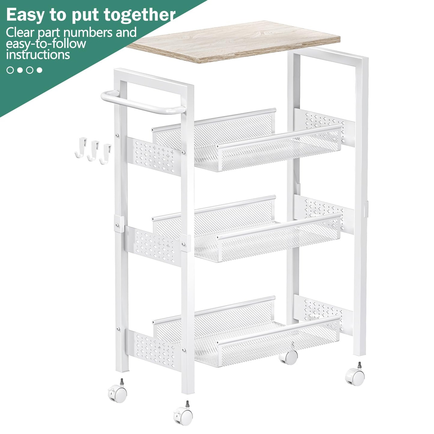 Vivihomety Utility Slim Storage Cart with Wheels, 4 Tier Small Rolling Cart with Wood Top, Metal Kitchen Bathroom Laundry Room Organization Trolley with Handle for Narrow Space - White