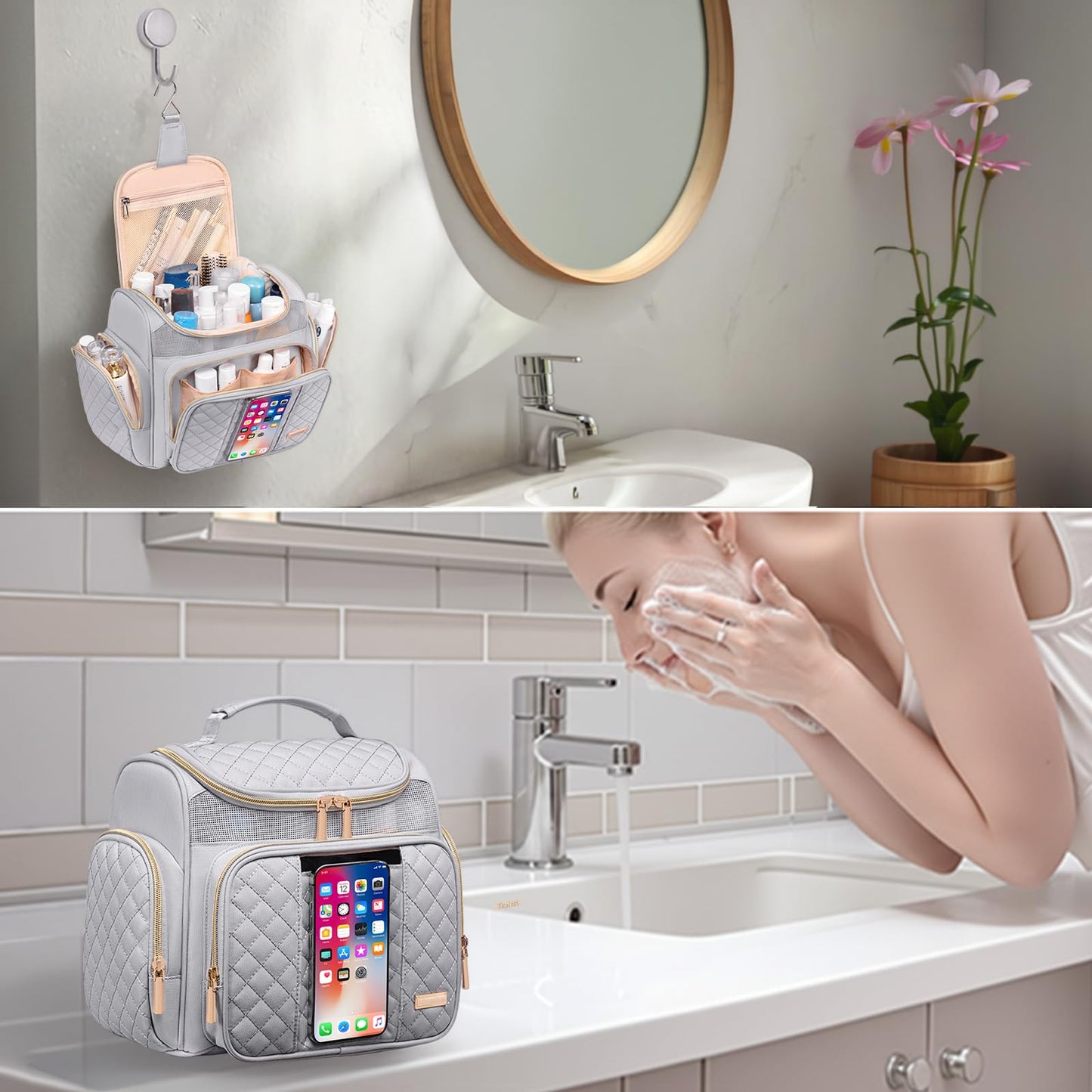 Large Toiletry Bag for Women Men,Bathroom Bag,Water Resistant Shower Bag,Makeup Bag,Toiletry Bags for Traveling,Hanging Toiletry Bag with Transparent Waterproof Phone Pocket (Light Gray)