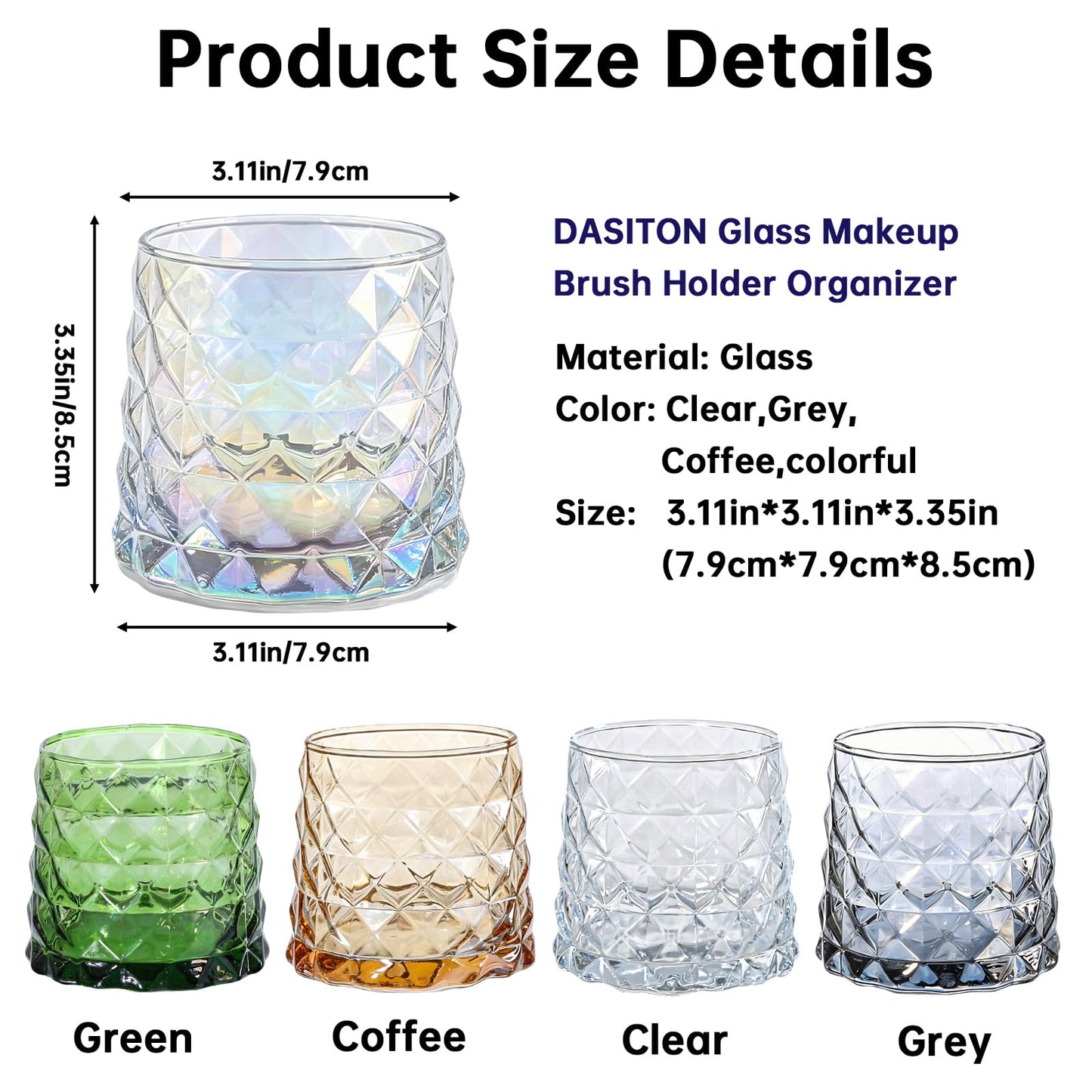 DASITON Glass Makeup Brush Holder Organizer, Diamond Pattern Cosmetic Storage Cup, Makeup Organizer for Vanity, Bathroom Countertop Toothbrush Holder, Desk Pen Pencil Holder (Iridescent)