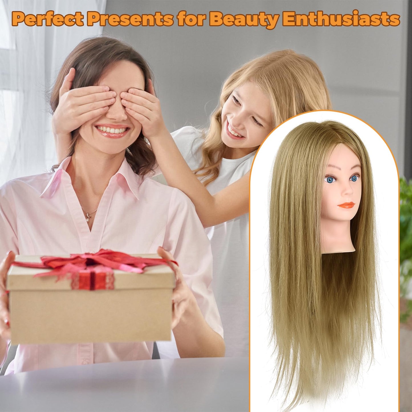 90% Real Hair Mannequin Head, Cenoz 26" Hairdresser Cosmetology Training Head with Stand and Tool, Manikin Training Practice Head, Doll Head for Hair Styling (Brown)