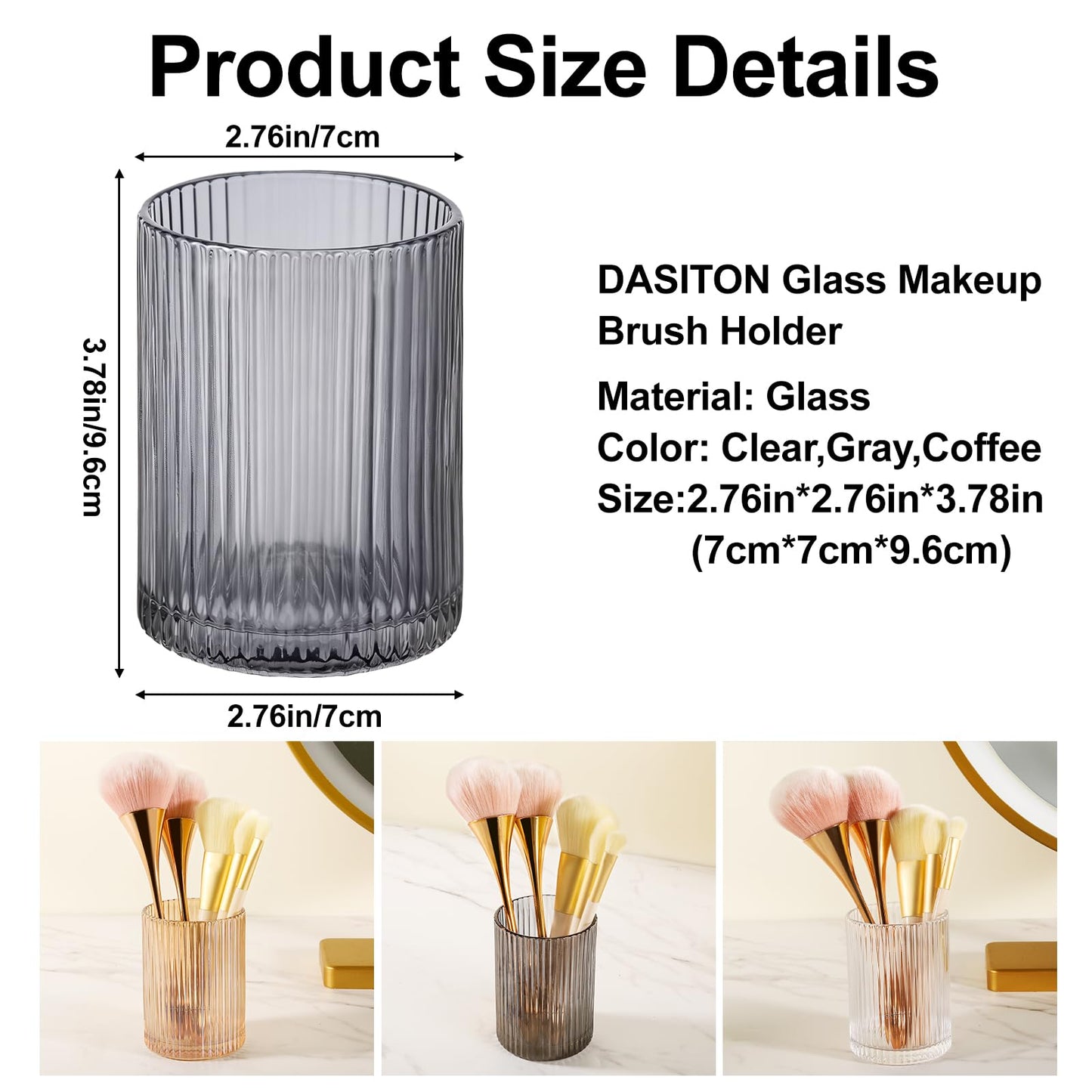 DASITON Makeup Brush Holder Organizer, Crystal Cosmetic Makeup Brushes Storage Holder, Glass Make Up Brush Holder, Vintage Striped Make Up Cup Desk Pen Pencil Holder, Toothbrush Holders (Gray S)