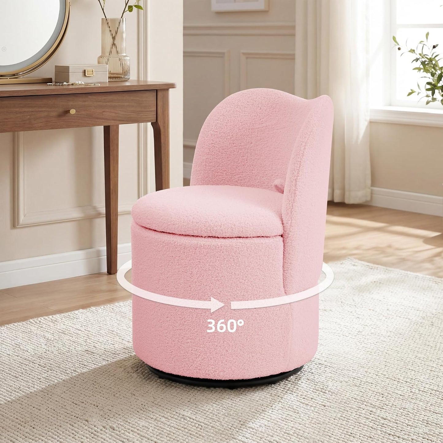 MilleLoom 360°Swivel Vanity Chair Dining Chairs with Storage,Upholstered Makeup Stool with Back, Sherpa Dining Chair, Swivel Accent Chair Barrel Armchair for Living Room Bedroom,Pink