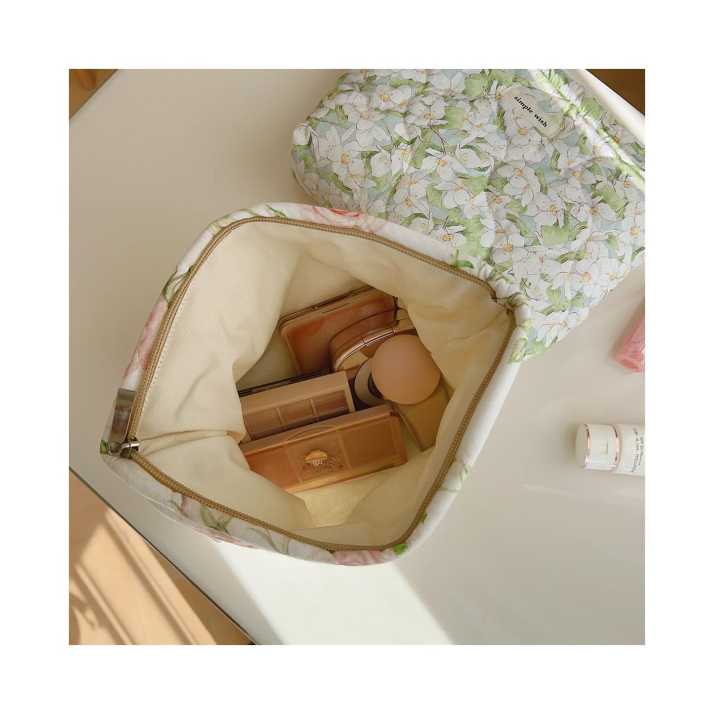 uekeboag Quilted Floral Cotton Makeup Pouch,Coquette Quilted Cosmetic Bag for Women and Girls, Aesthetic Organizer Bag, Flower Cute Travel Toiletry Bags(01Pink Little Flower)