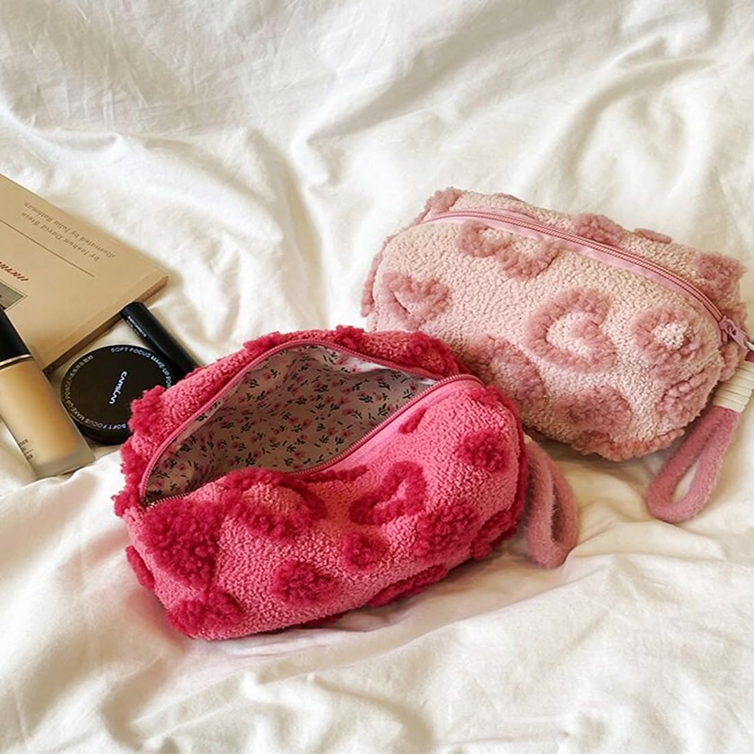 SxoSyo Heart Makeup Bag for Women, Plush Cosmetic Bags, Rose Pink