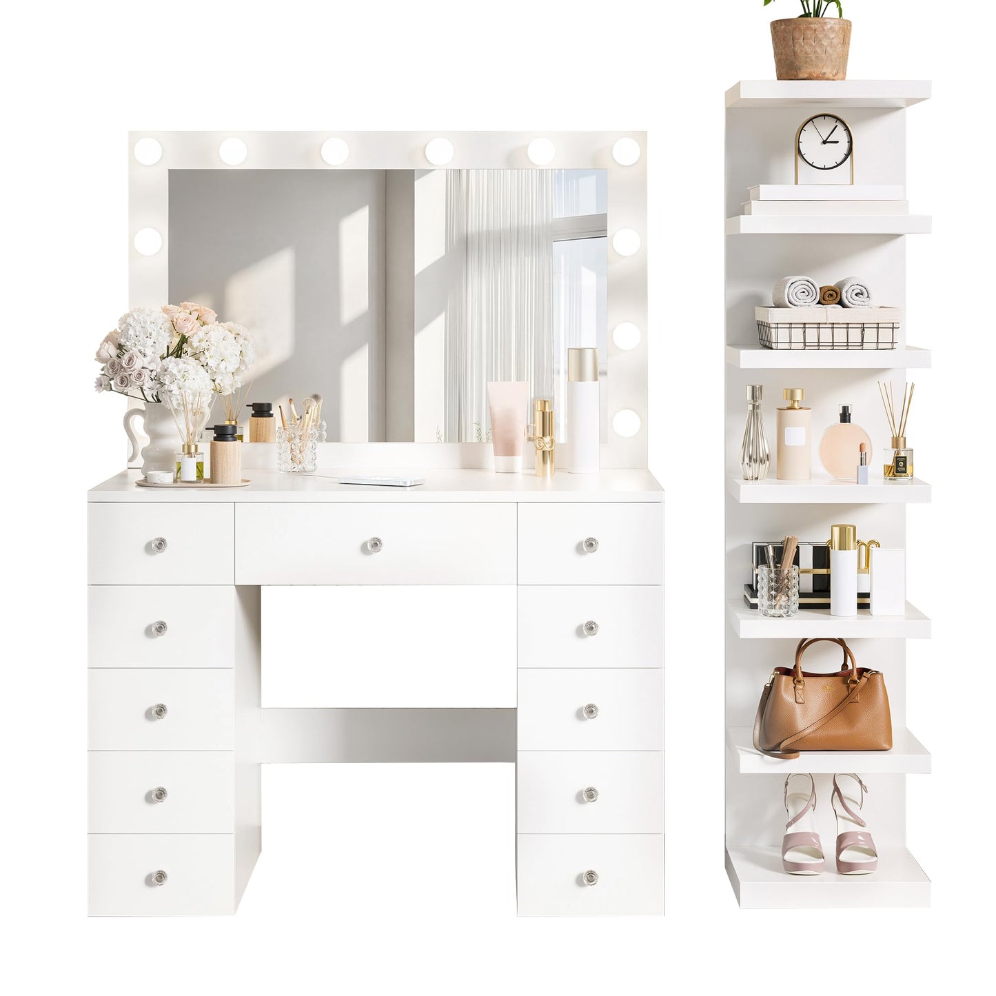 GDFStudio 43.3" Vanity Desk with 11 Bulbs & 7-Tier Storage Shelves, Makeup Vanity Table with Power Outlet, 11 Drawers, Adjustable 3-Color LED Lighting, Crystal Handles, Large White Dressing Table
