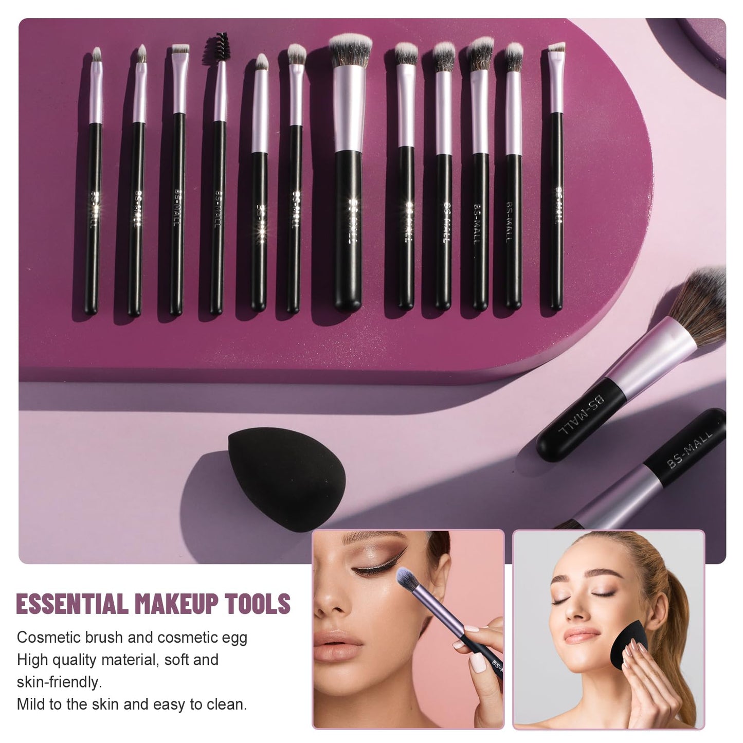 BS-MALL 14 Pcs Makeup Brushes Set with 1 Pcs Makeup Sponge – Essential Foundation Powder Concealers, Eye Shadows, Blush Makeup Brushes with Travel Makeup Case (Purple)