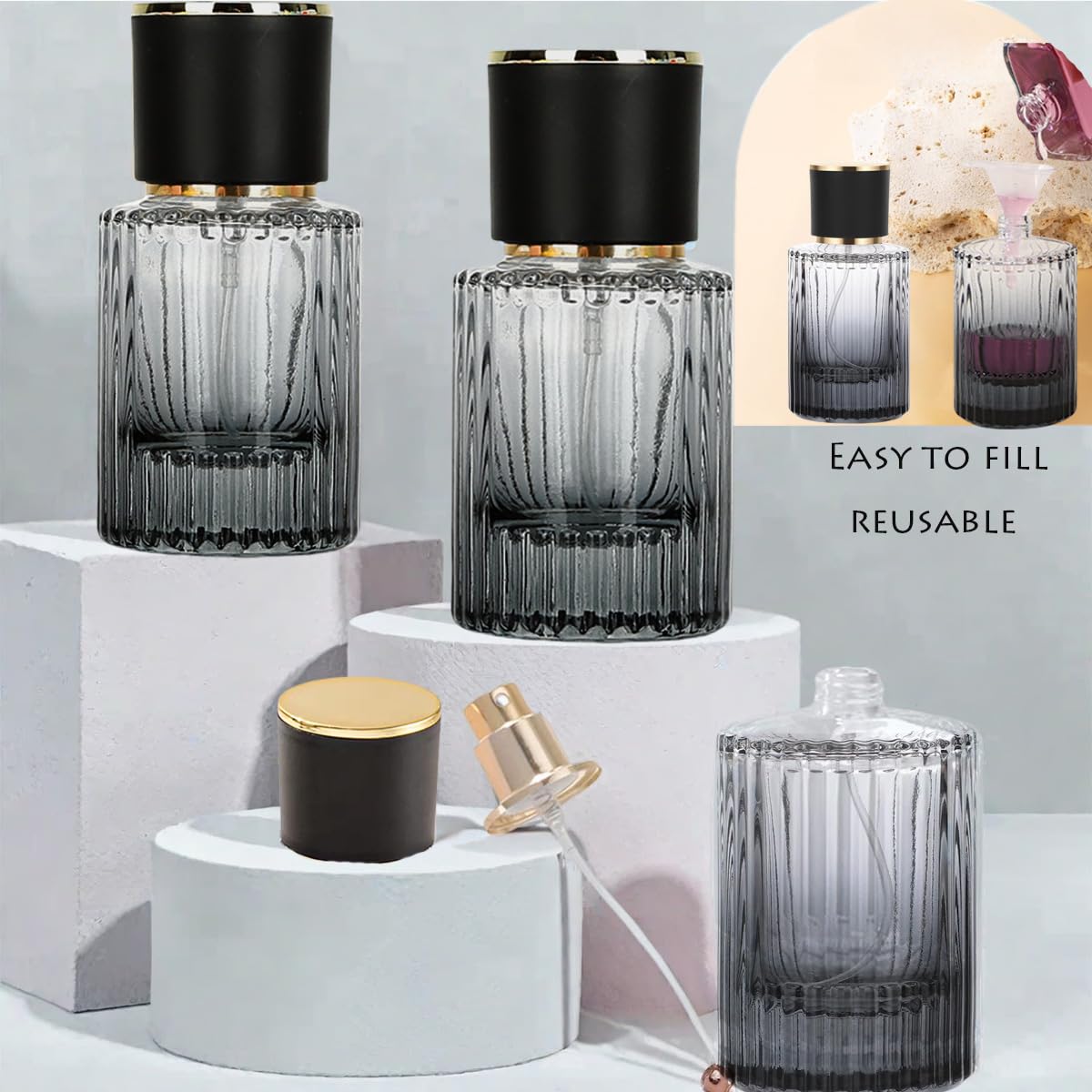 Rowcay 6 Pcs Travel Perfume Bottles Set,30ml Gradient Color Refillable Portable Glass Atomizers with Funnel and Dropper, Fine Mist Spray for Women Men Dispenser Fragrance Container Set (Black)