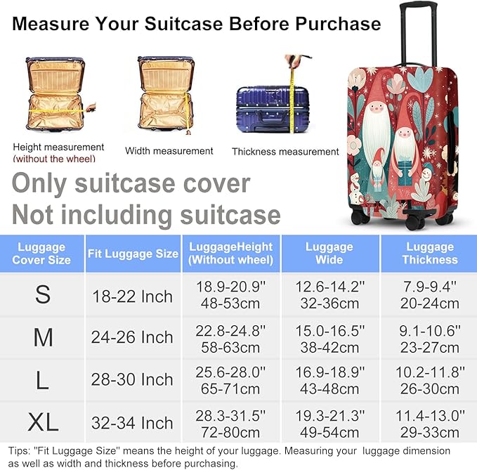 Christmas Gnome Luggage Cover - Red Background with Santa's Helpers, Trees and Snowmen, Elastic Holiday Travel Case for 24 26 Inch Bag
