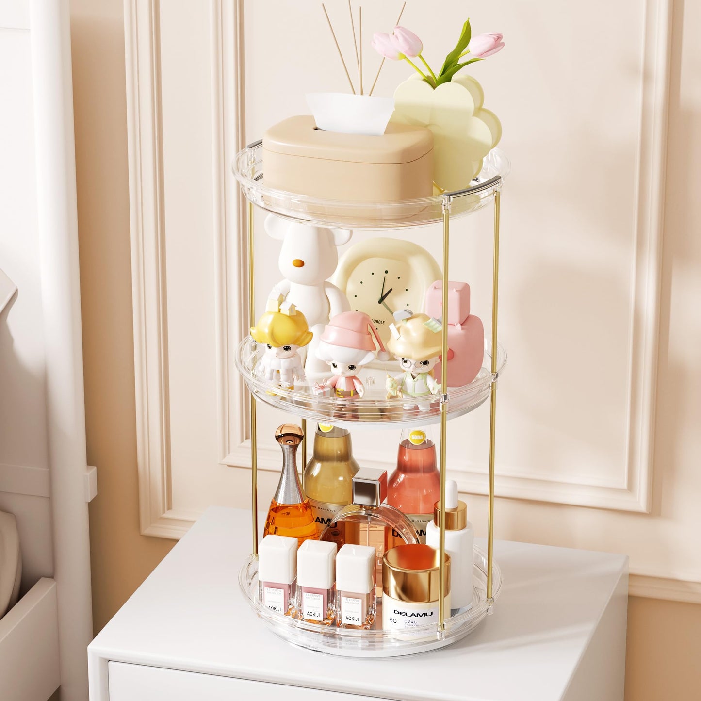 Delamu 3 Tier Rotating Makeup Organizer for Vanity, Bathroom Counter Organizer with Stackable Design, Spinning Skincare Organizer for Bathroom Countertop, Perfume Cosmetic Storage, Clear