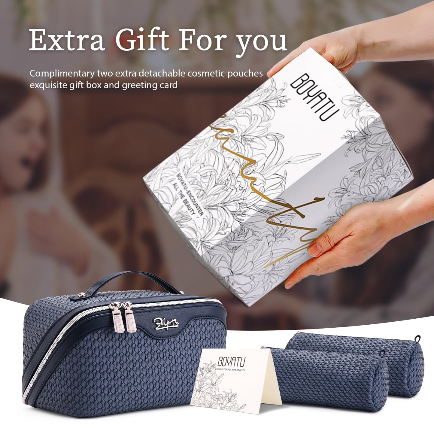BOYATU Travel Makeup Bags for Women: Large Capacity Make up Bag with Wide Opening - 3 Pcs Set Waterproof Travel Toiletry Organizer for Full-Sized Bottles, Cosmetics & Brushes (Blue-W)