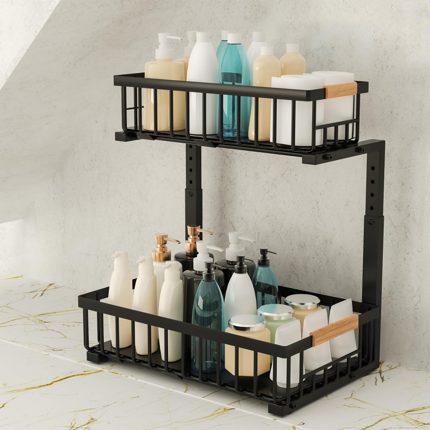 HOMVIA Under Sink Organizer, 2-Tier Pull-Out Cabinet Organizer – Adjustable Height, Left or Right Install – Smooth Slide-Out Drawers, Heavy-Duty Metal Rack for Kitchen & Bathroom, 1 Pack